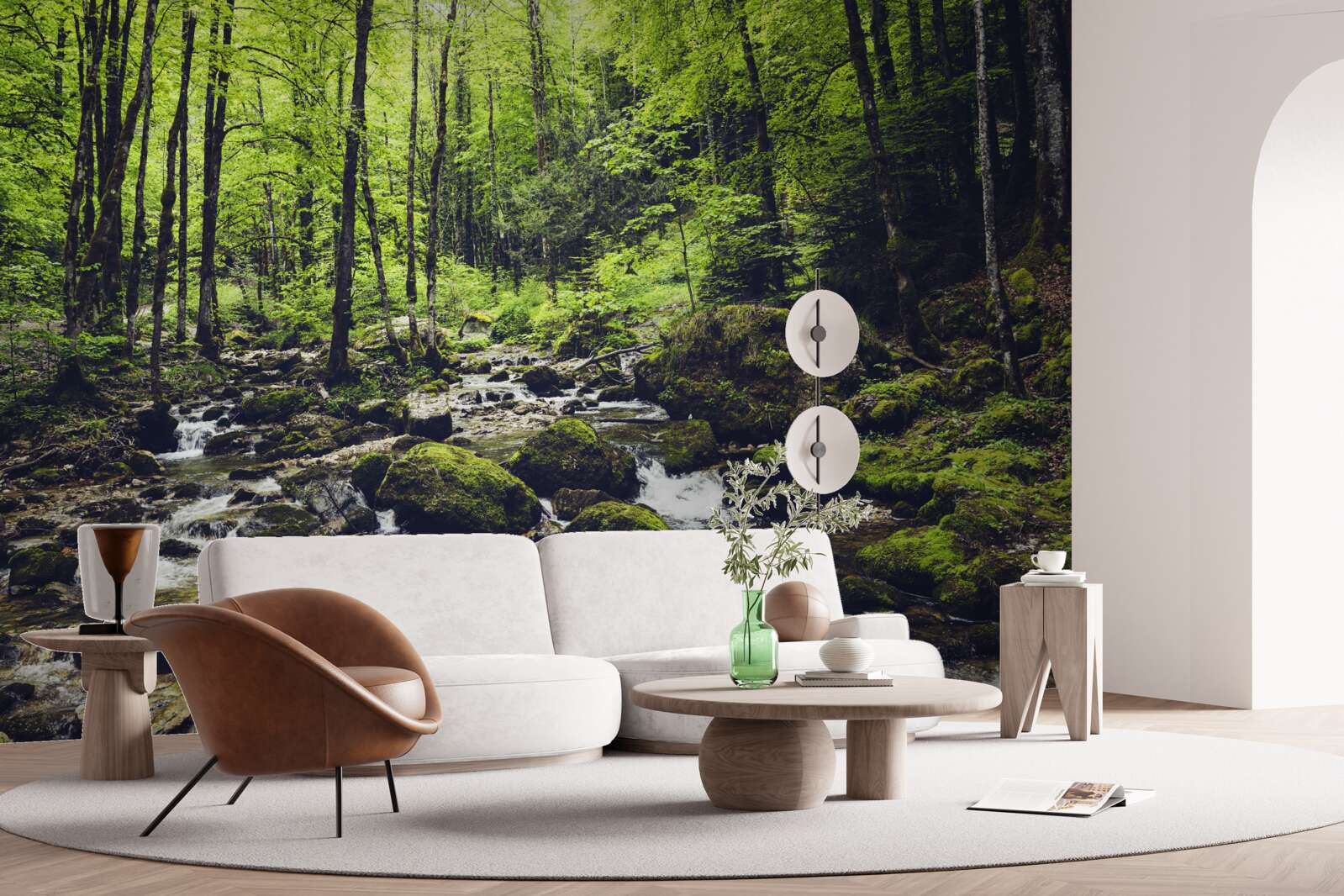 Papier peint cascade en montagne, entourée d'un bosquet verdoyant