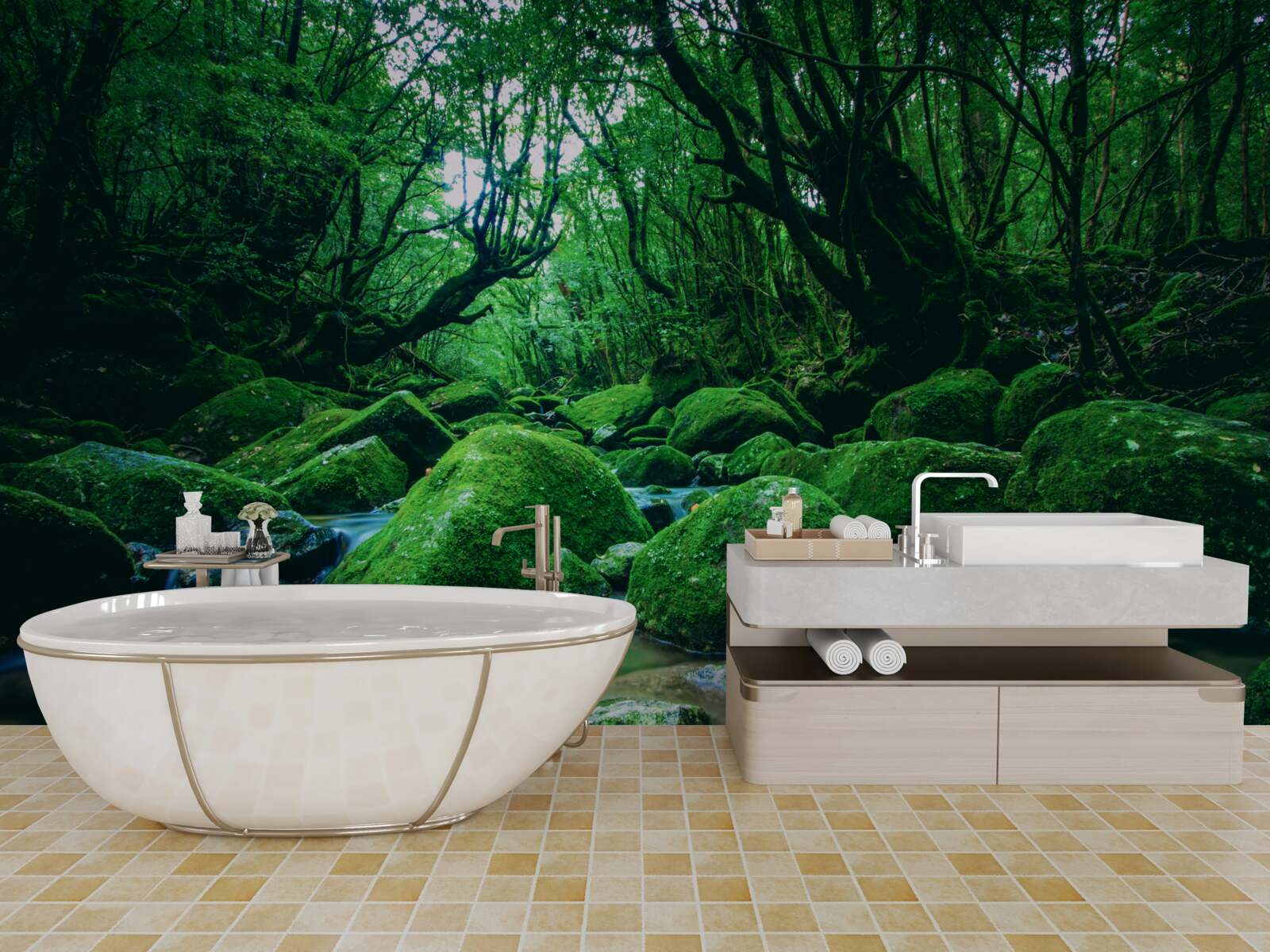 Papier peint forêt plongée dans le sommeil au pied d'une cascade