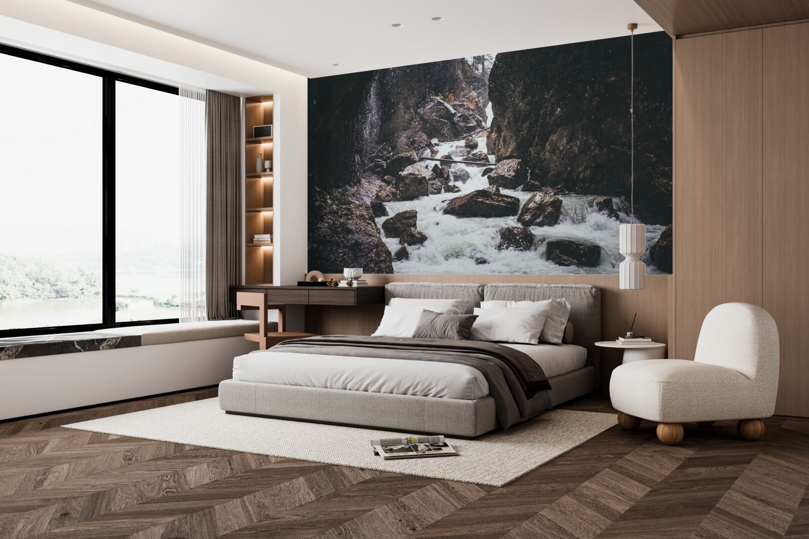 Papier peint entre les rochers se trouve une majestueuse cascade de montagne