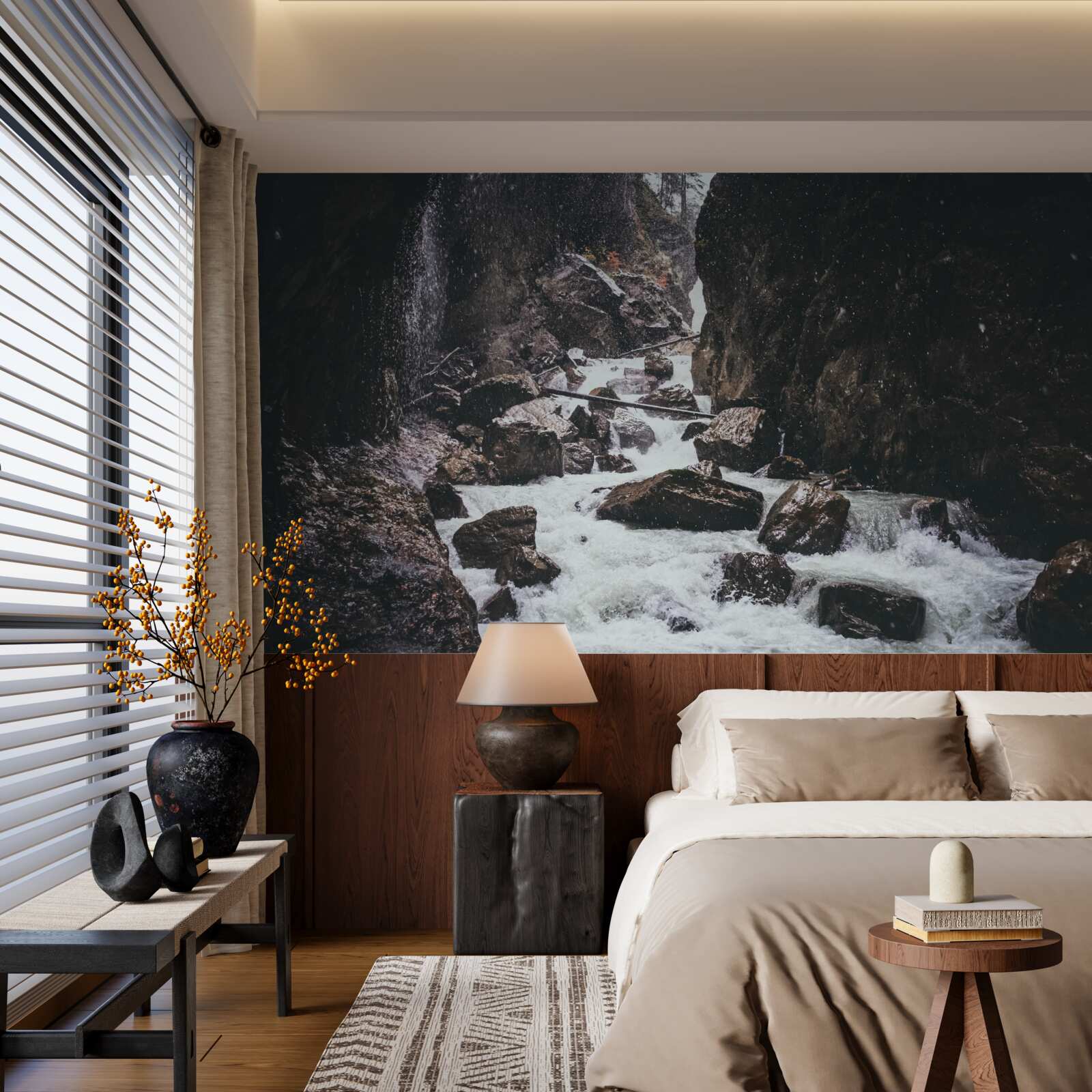 Papier peint entre les rochers se trouve une majestueuse cascade de montagne