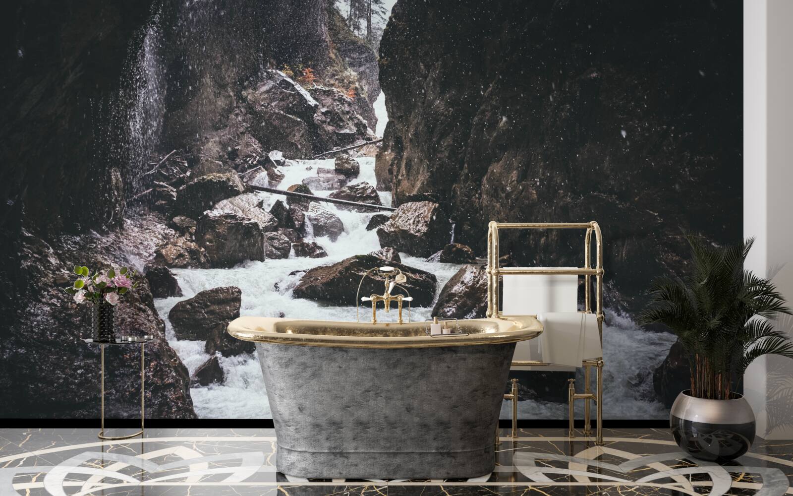 Papier peint entre les rochers se trouve une majestueuse cascade de montagne