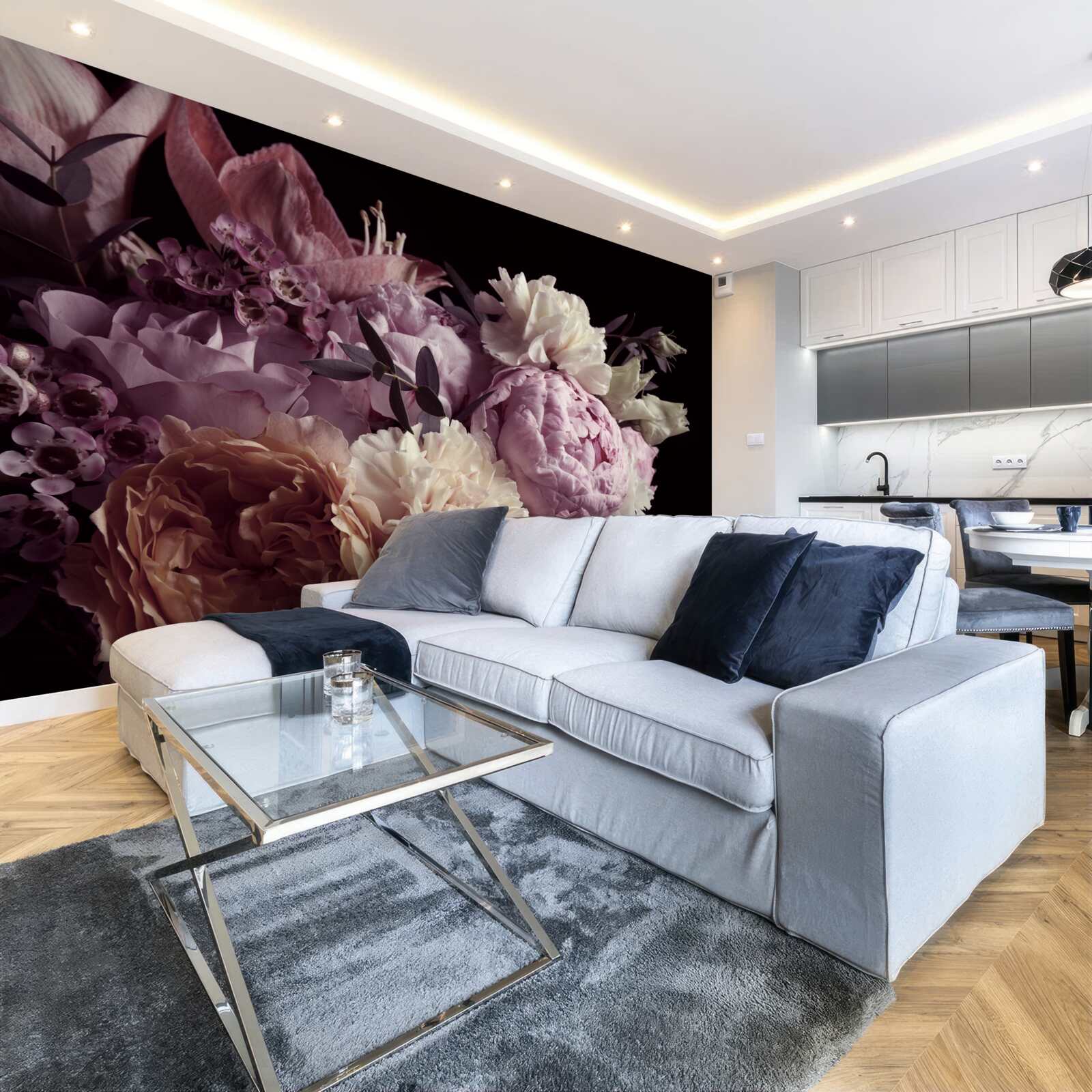 Papier peint bouquet de style vintage sur fond noir, rappelant l'automne