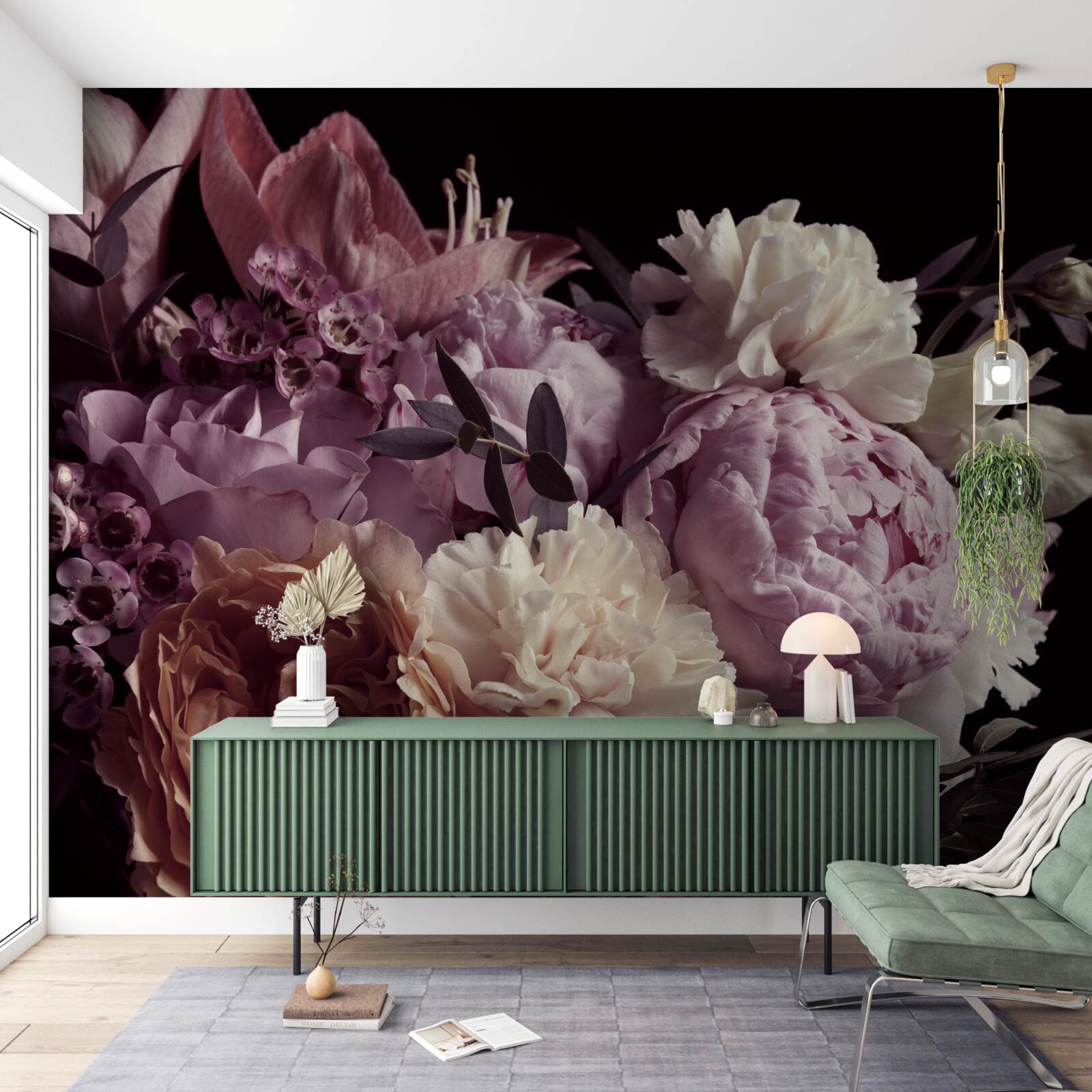 Papier peint bouquet de style vintage sur fond noir, rappelant l'automne