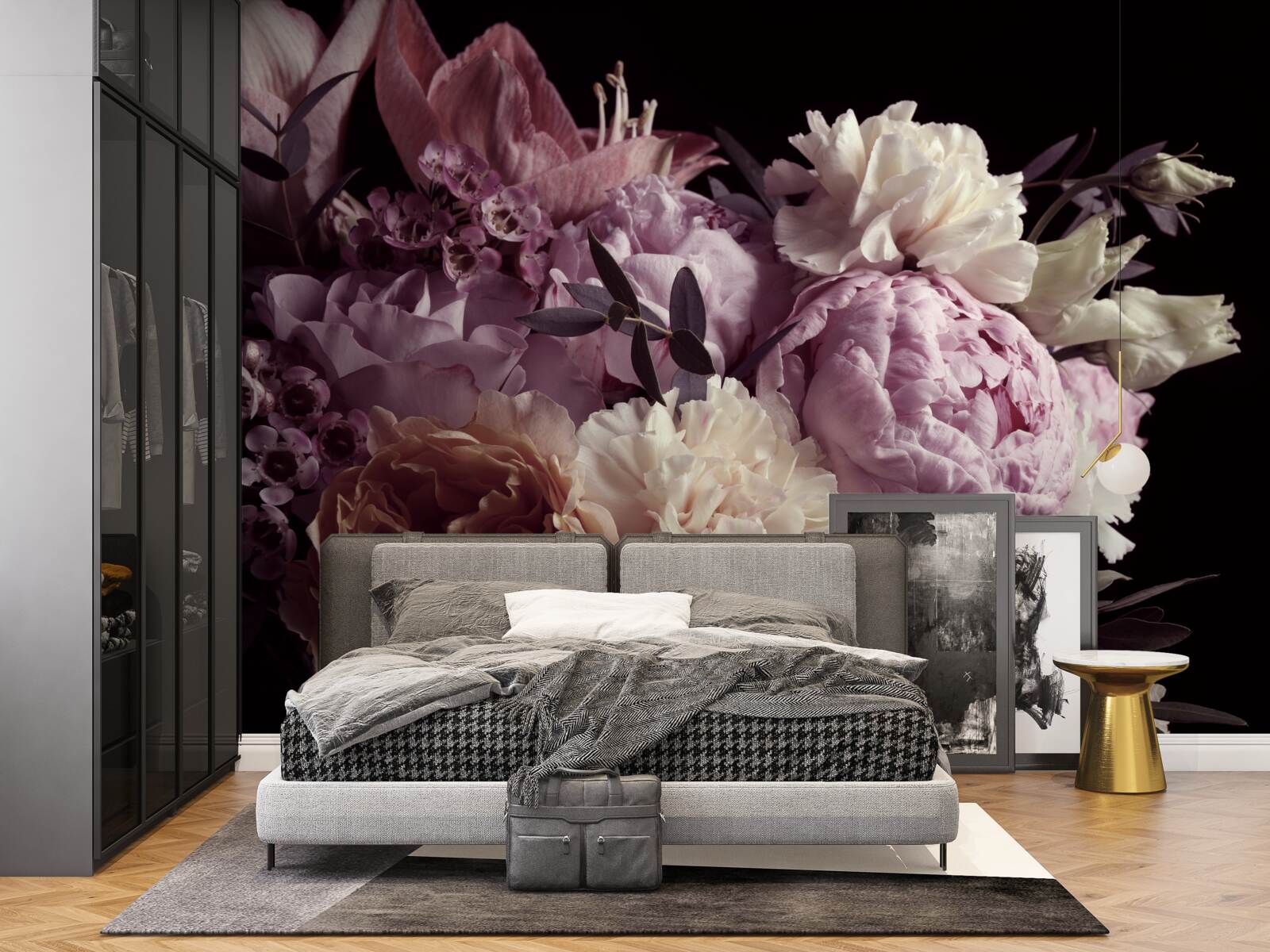 Papier peint bouquet de style vintage sur fond noir, rappelant l'automne