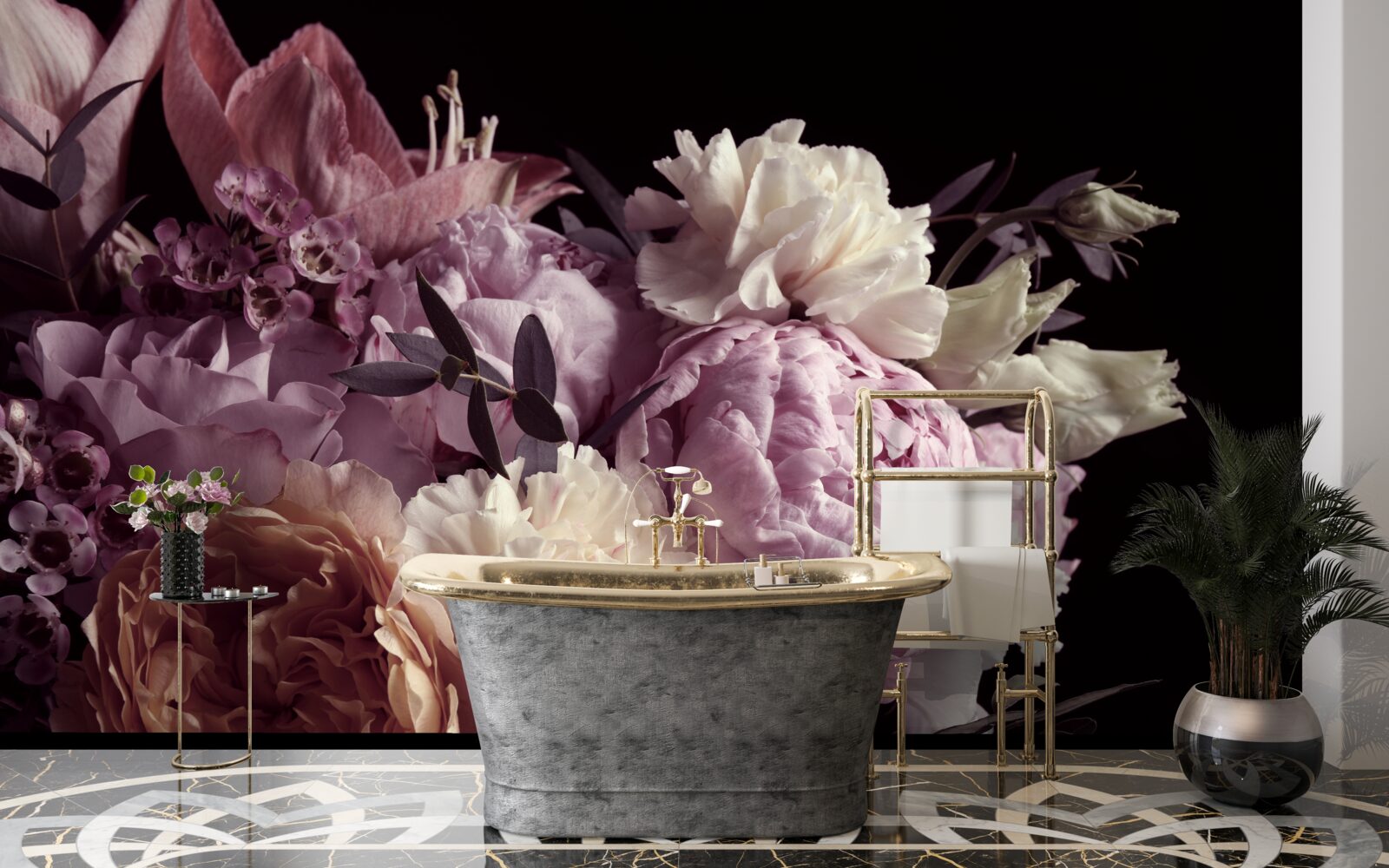 Papier peint bouquet de style vintage sur fond noir, rappelant l'automne