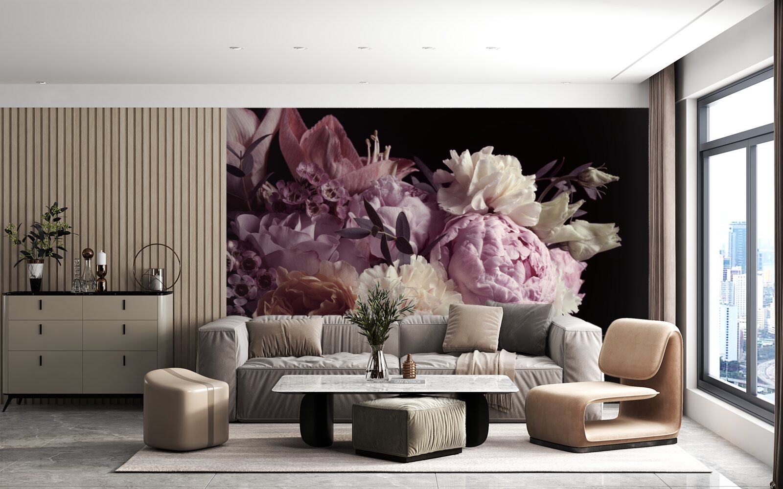 Papier peint bouquet de style vintage sur fond noir, rappelant l'automne