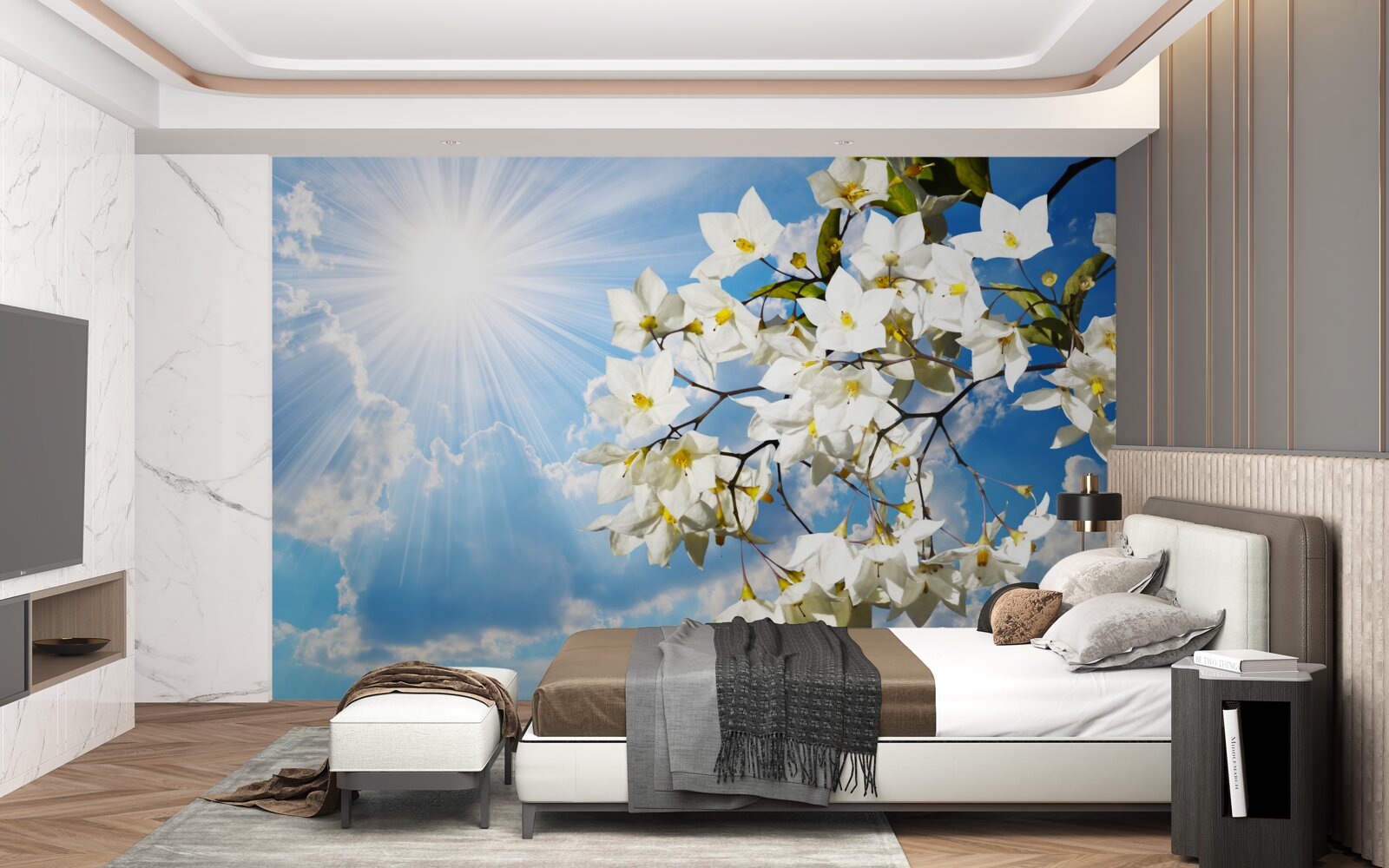 Papier peint branche fleurie de jasmin blanc