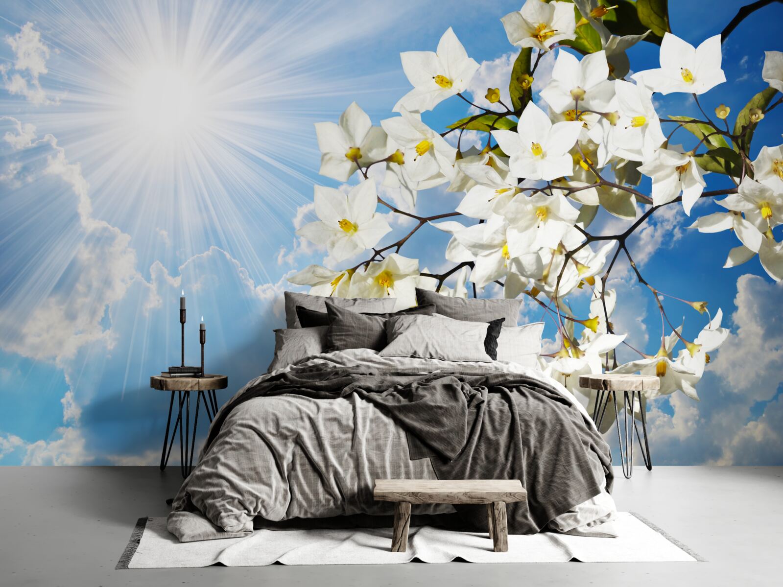 Papier peint branche fleurie de jasmin blanc