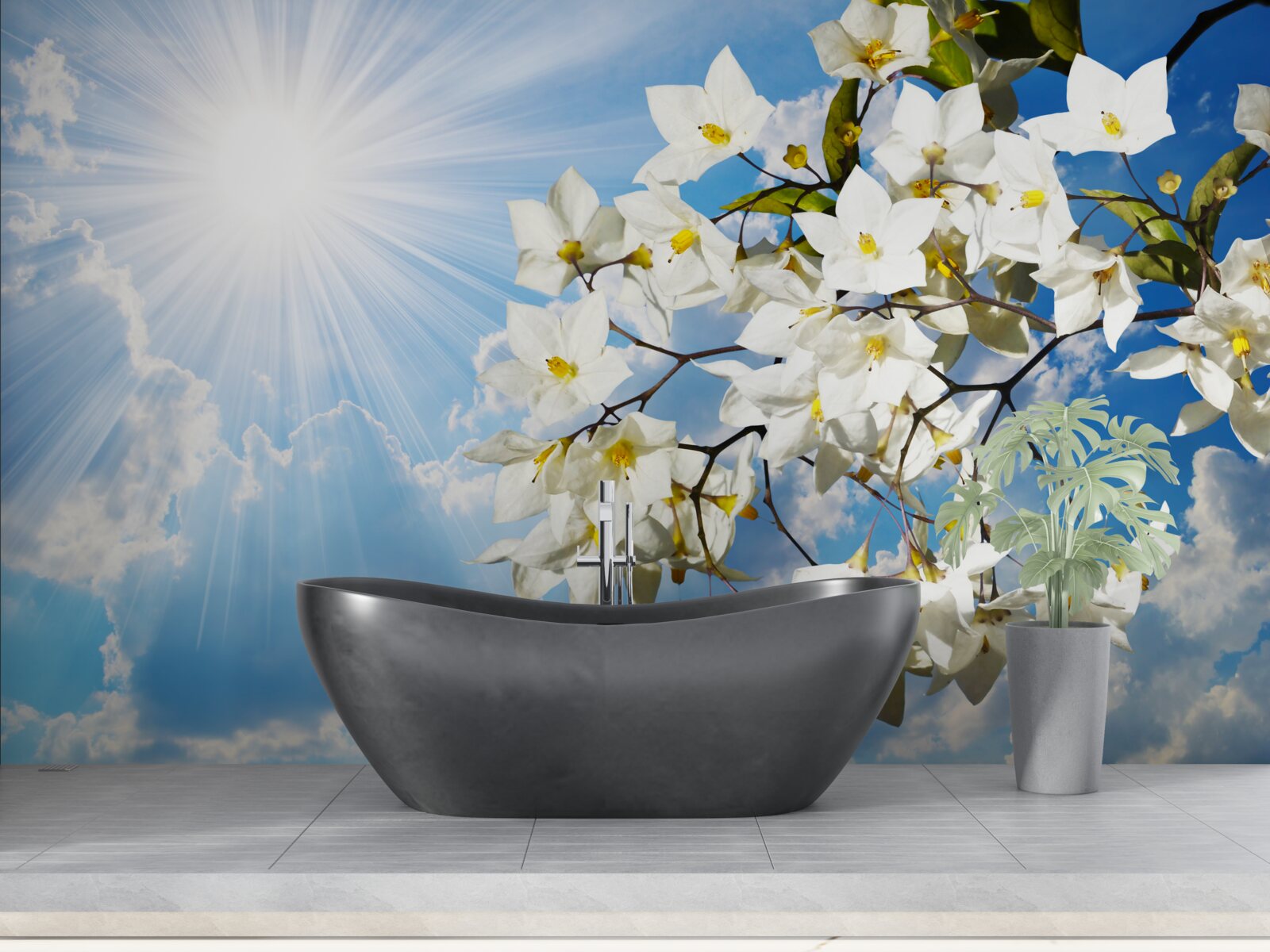 Papier peint branche fleurie de jasmin blanc