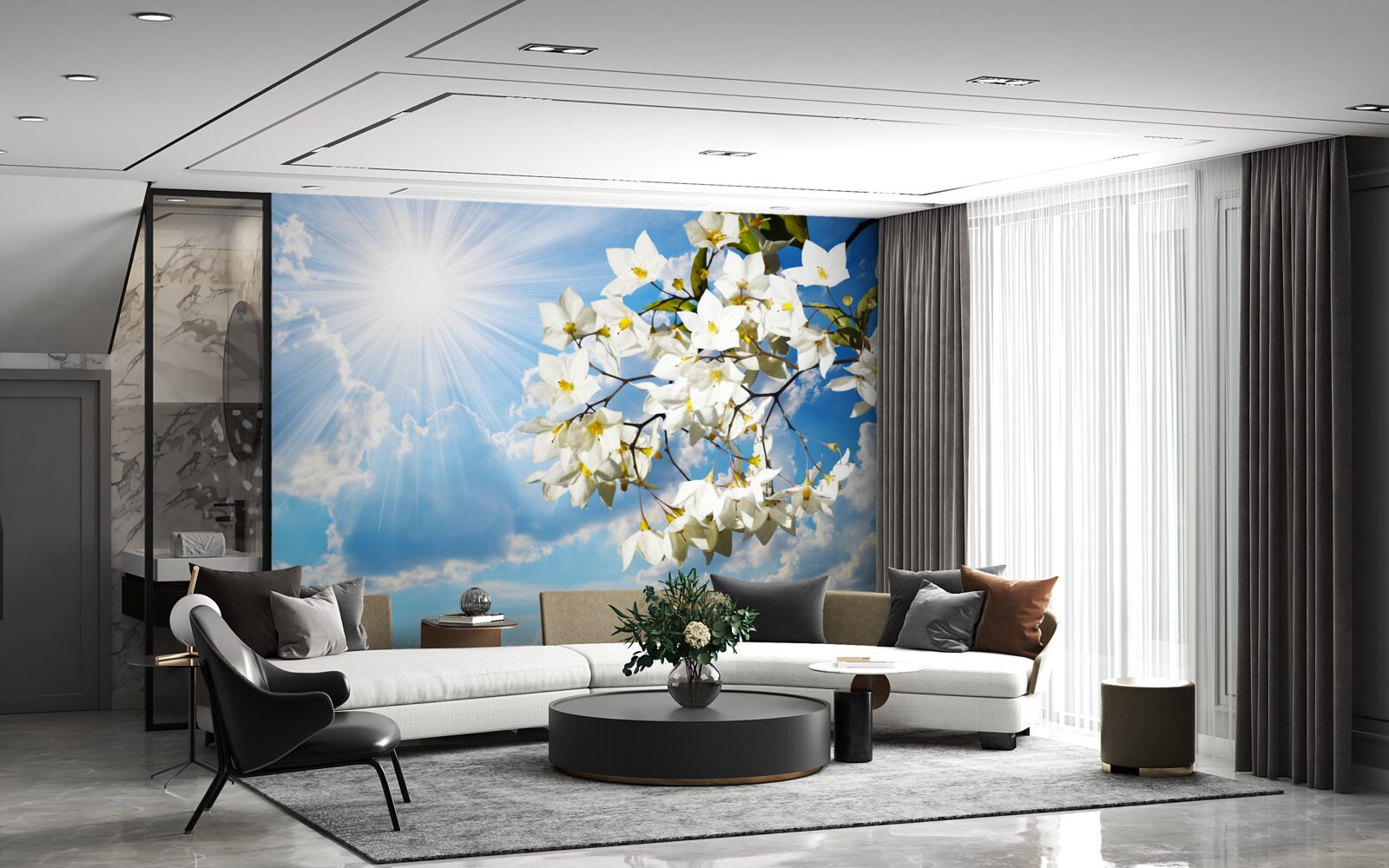 Papier peint branche fleurie de jasmin blanc