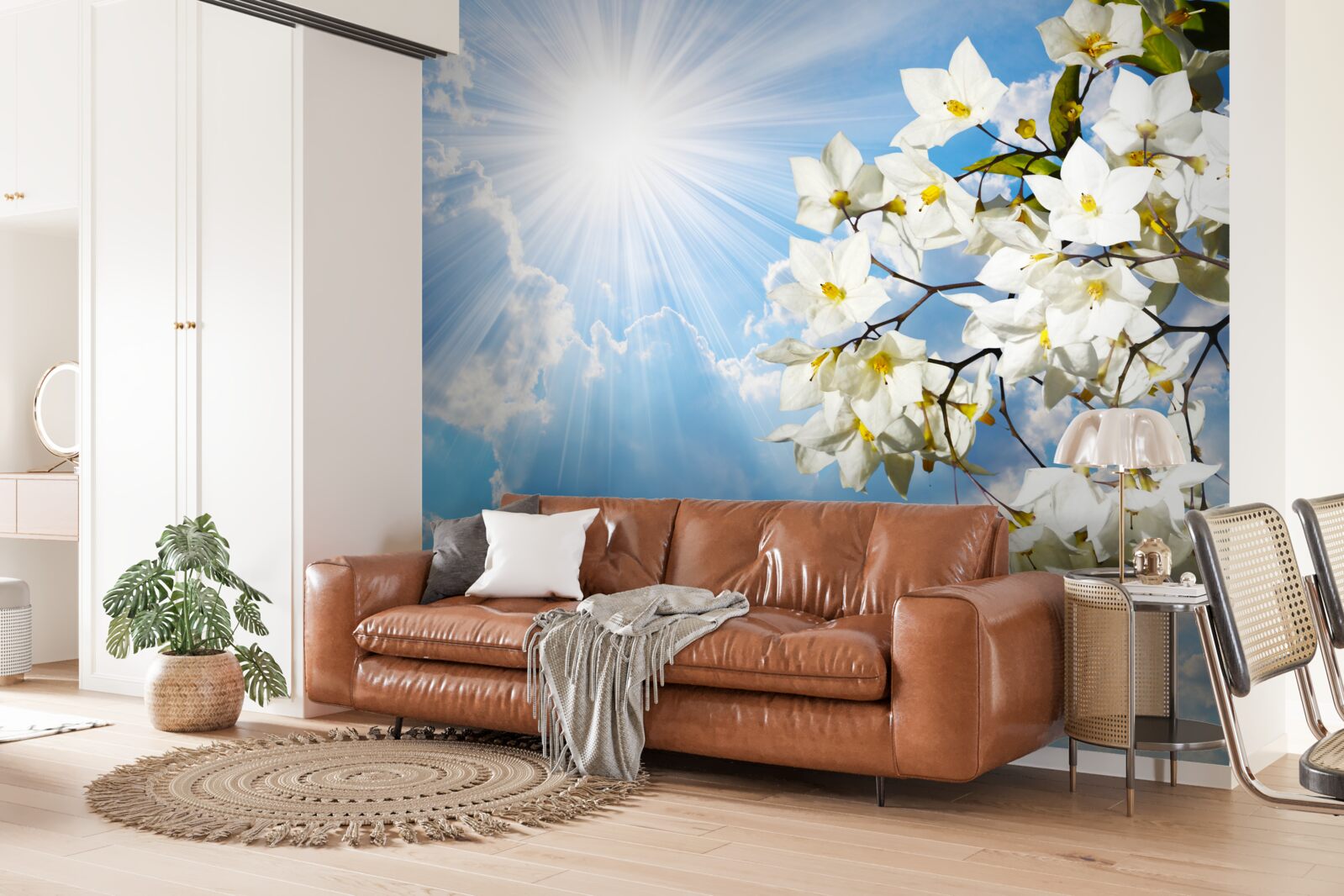 Papier peint branche fleurie de jasmin blanc