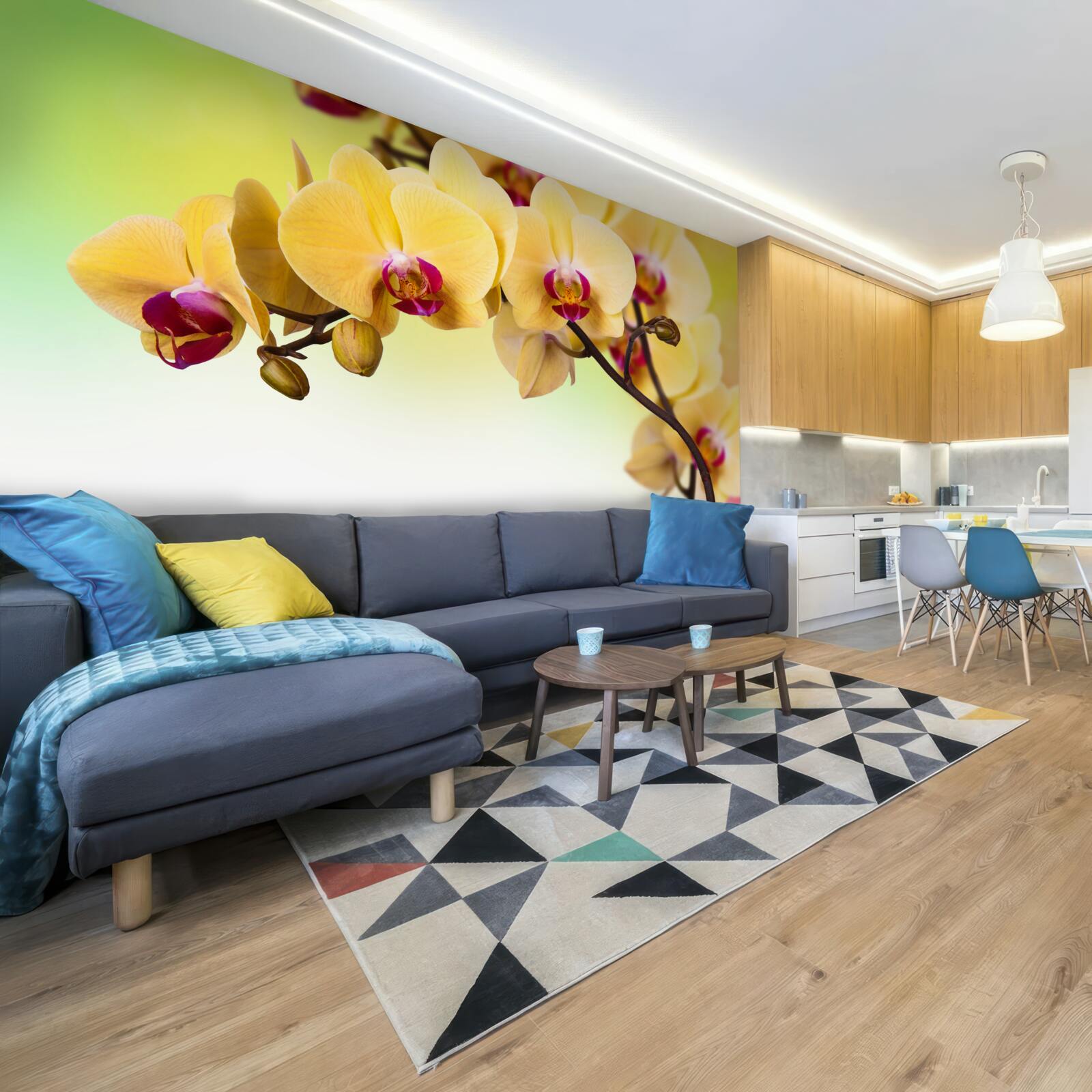 Papier peint branche d'orchidée à fleurs jaunes