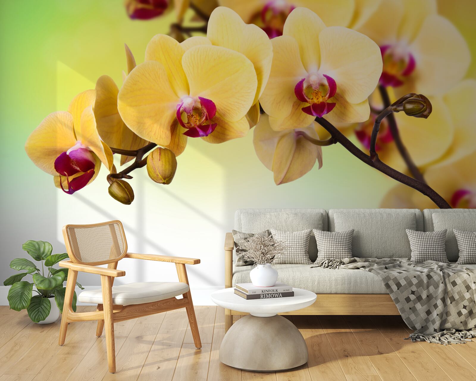 Papier peint branche d'orchidée à fleurs jaunes