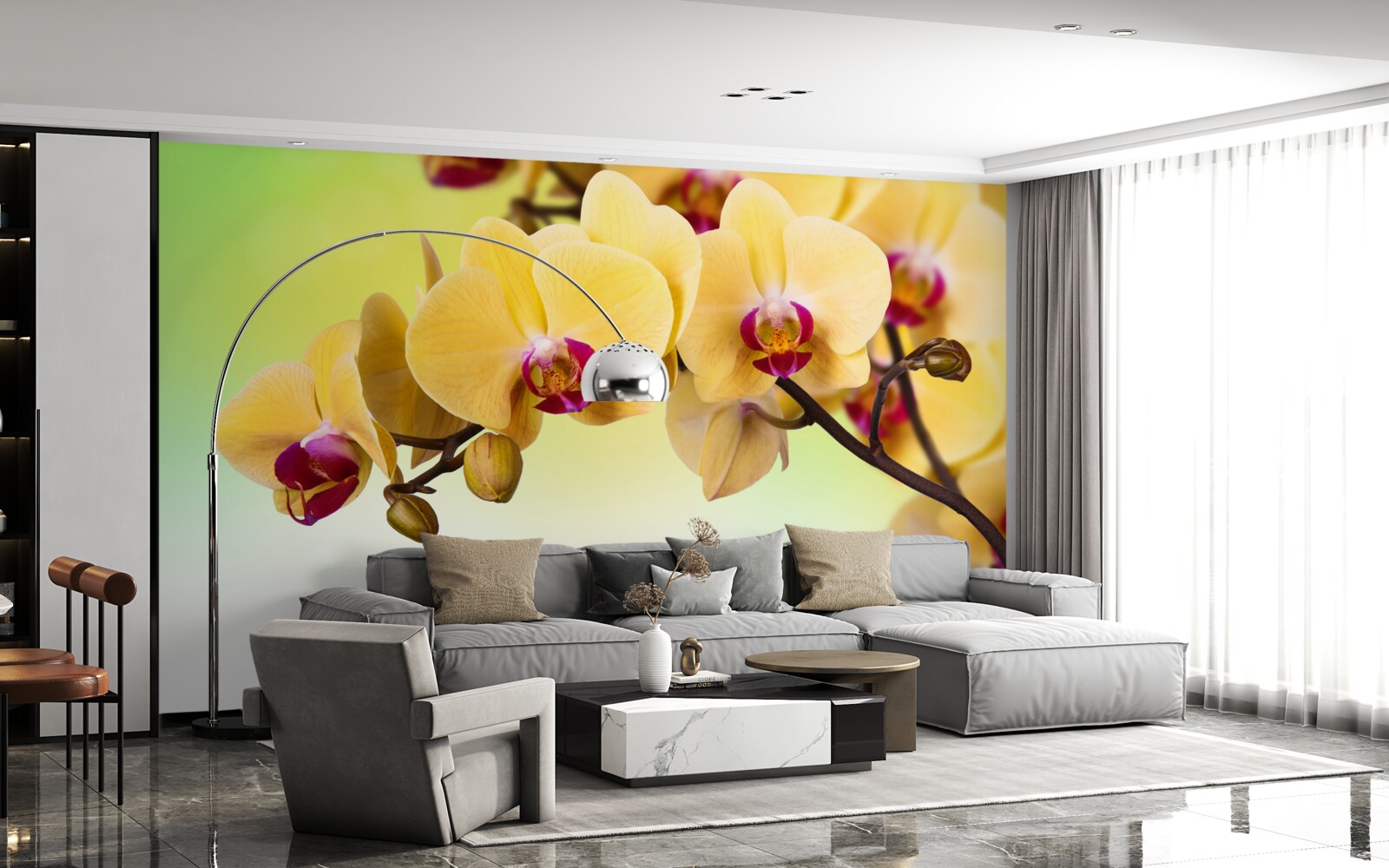 Papier peint branche d'orchidée à fleurs jaunes