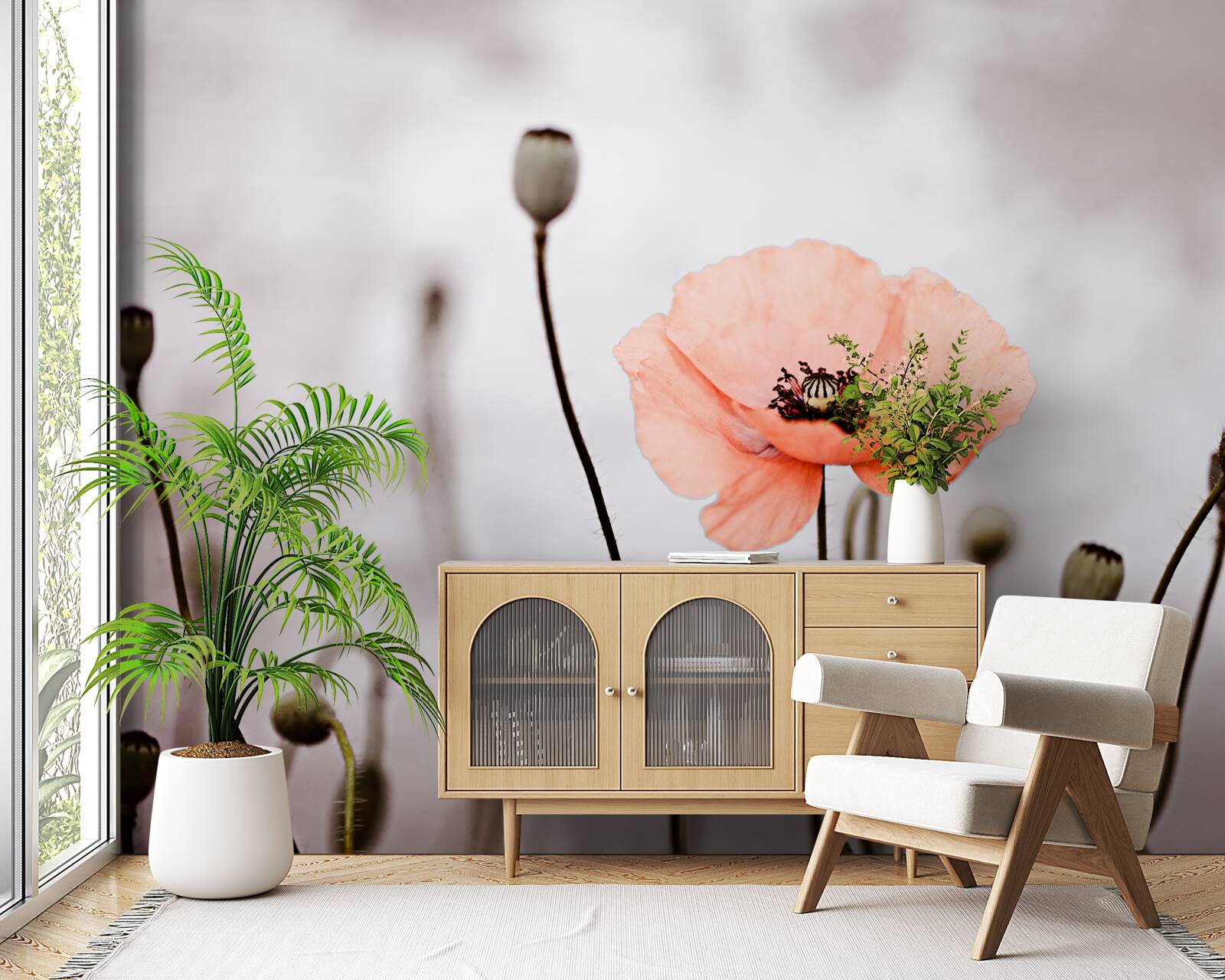 Papier peint un coquelicot solitaire qui s'ouvre dans toute sa splendeur rose