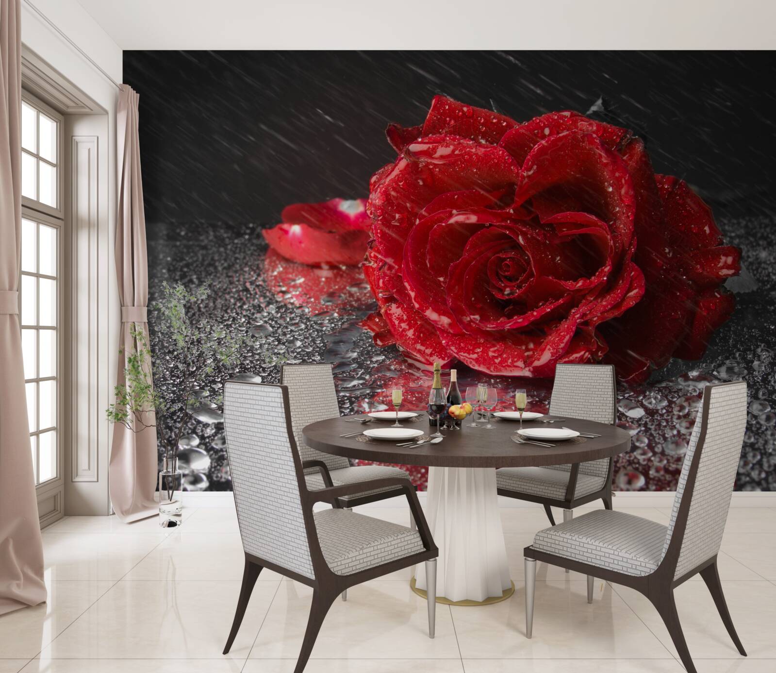 Papier peint une rose sous la pluie, rouge comme le sang