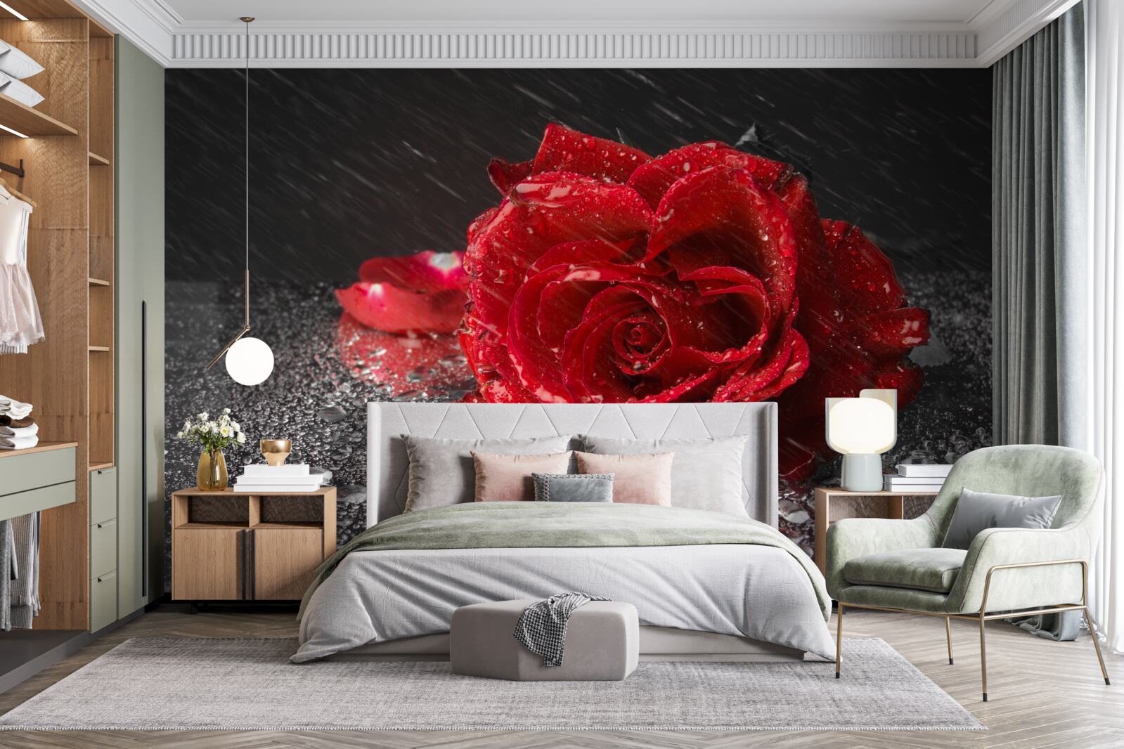 Papier peint une rose sous la pluie, rouge comme le sang