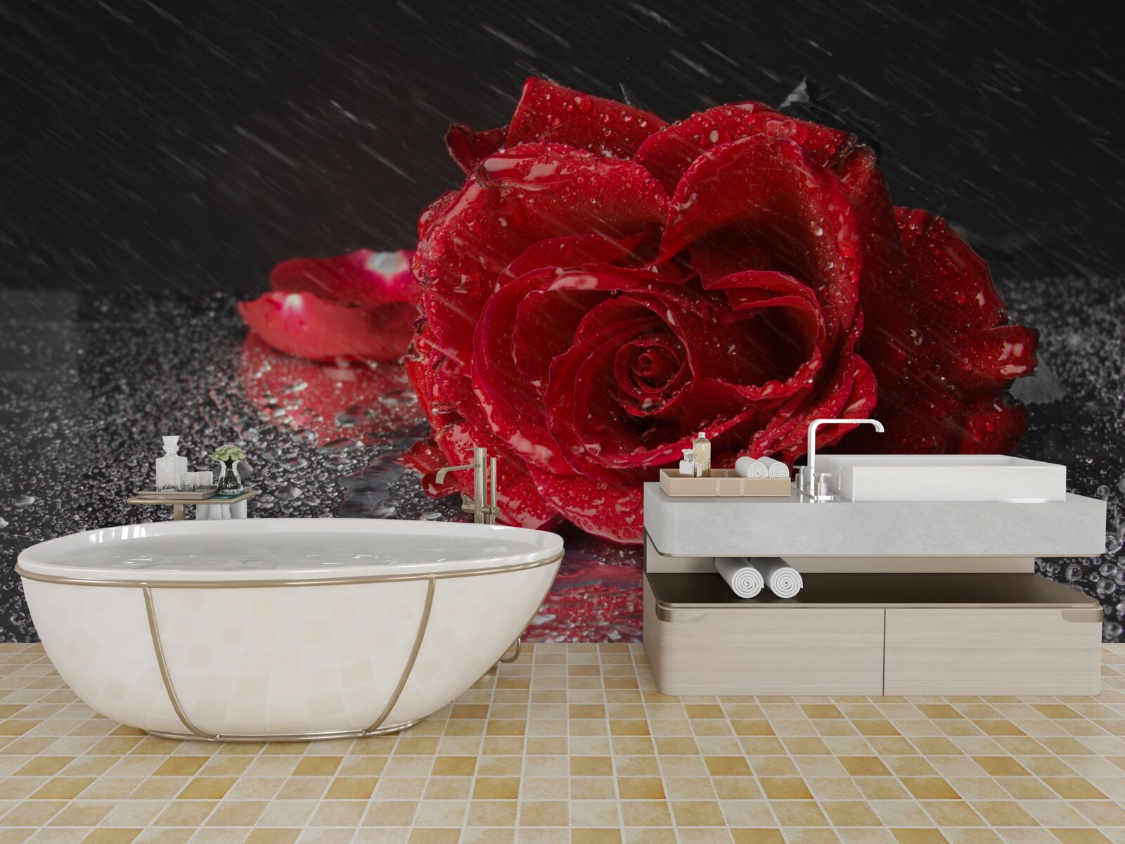 Papier peint une rose sous la pluie, rouge comme le sang