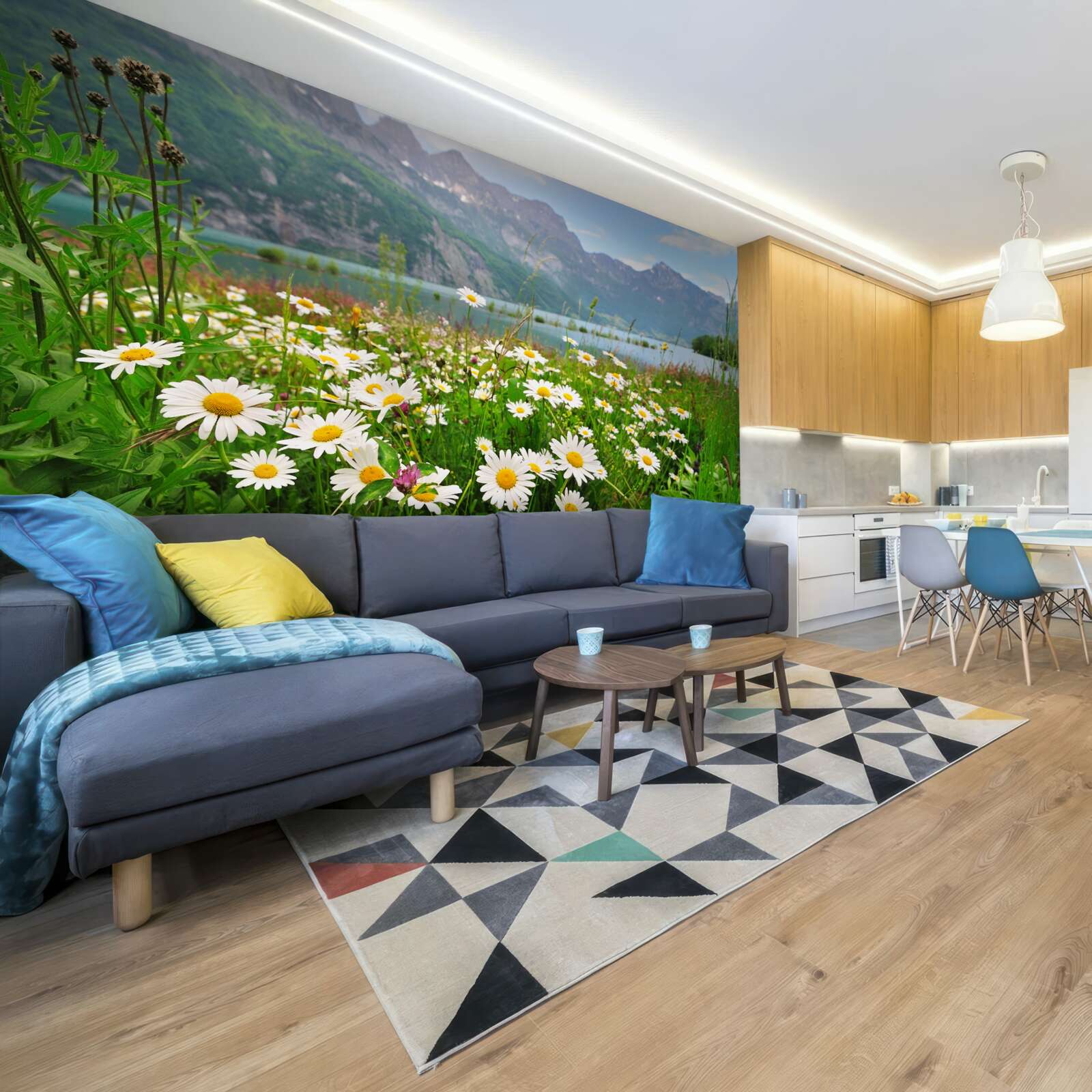 Papier peint paysage avec champ de camomille au pied des montagnes