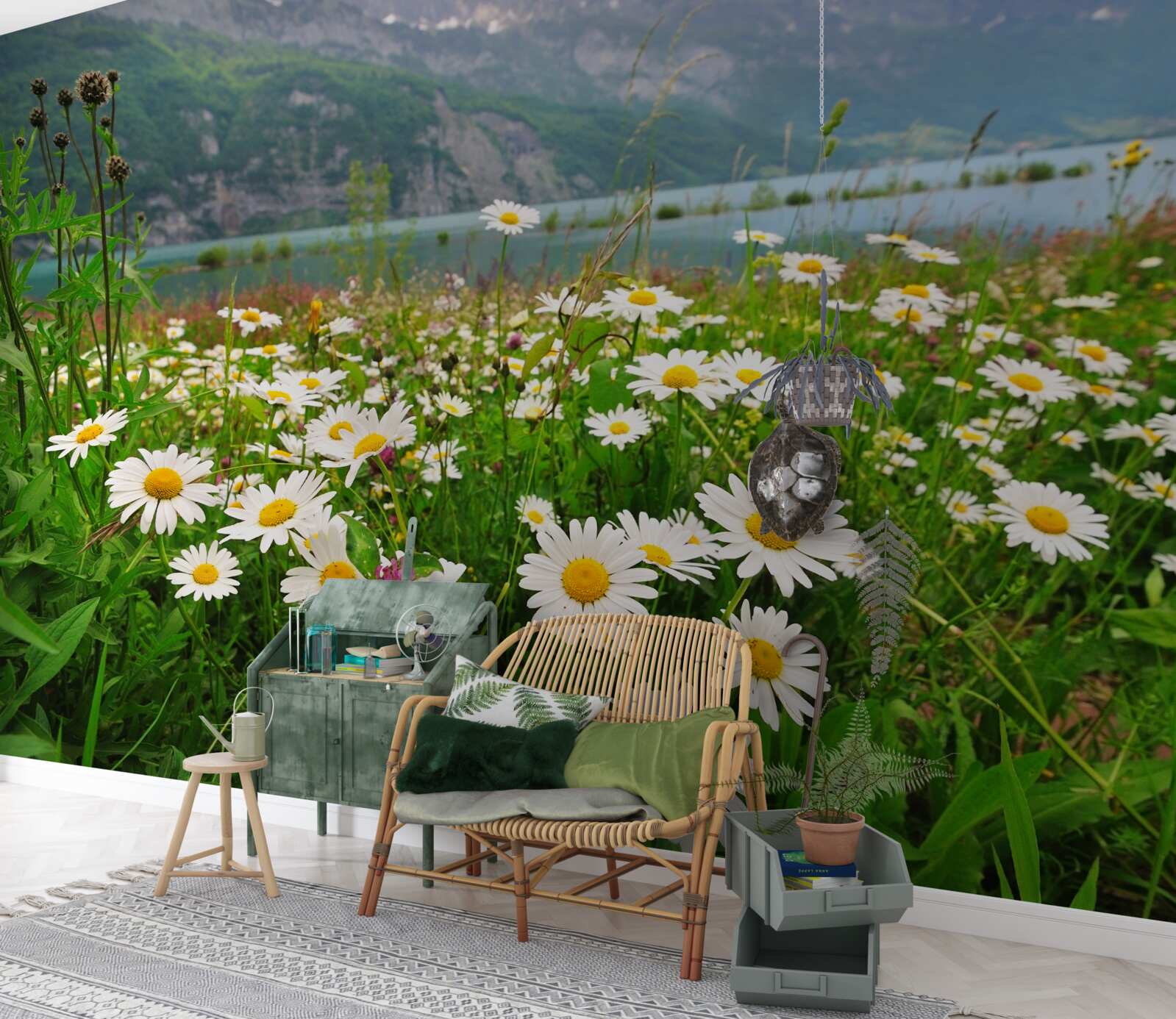 Papier peint paysage avec champ de camomille au pied des montagnes
