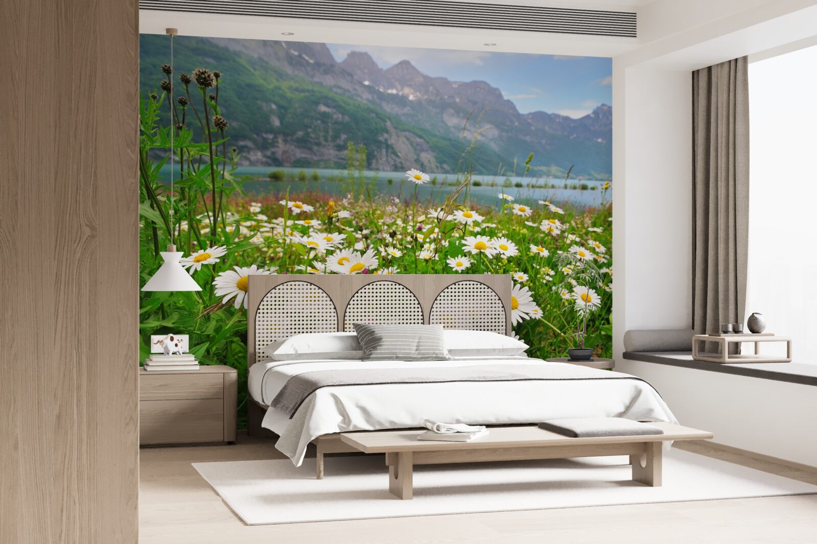 Papier peint paysage avec champ de camomille au pied des montagnes