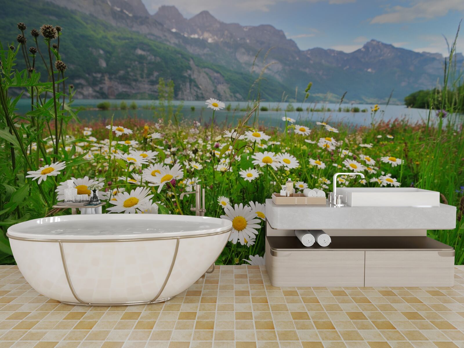 Papier peint paysage avec champ de camomille au pied des montagnes