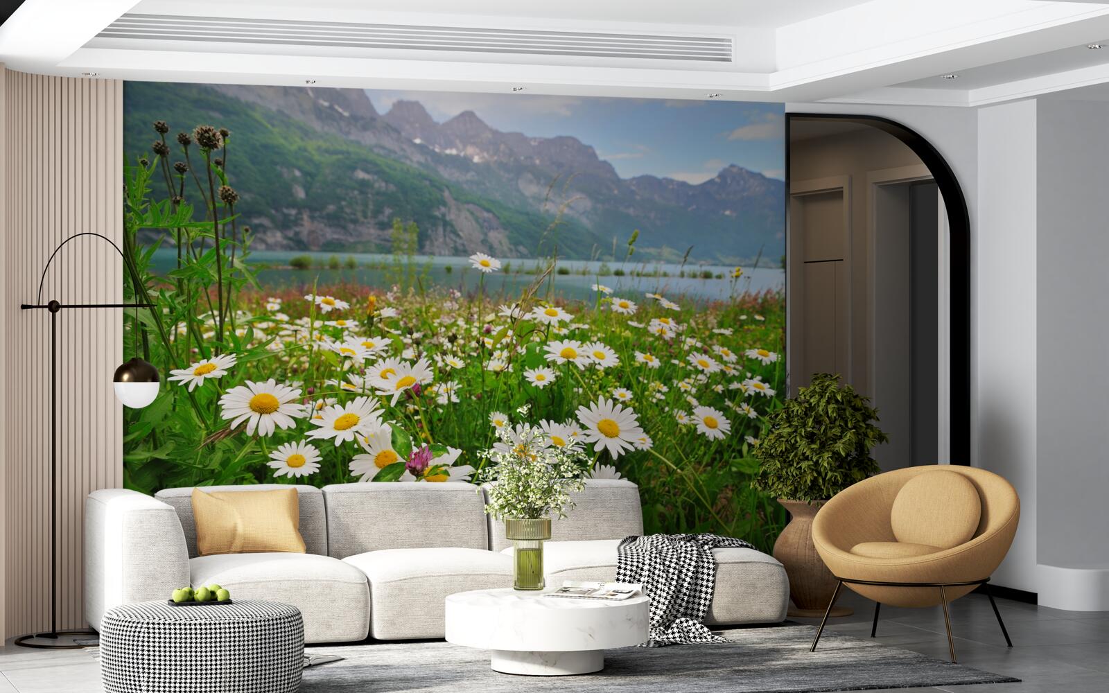 Papier peint paysage avec champ de camomille au pied des montagnes