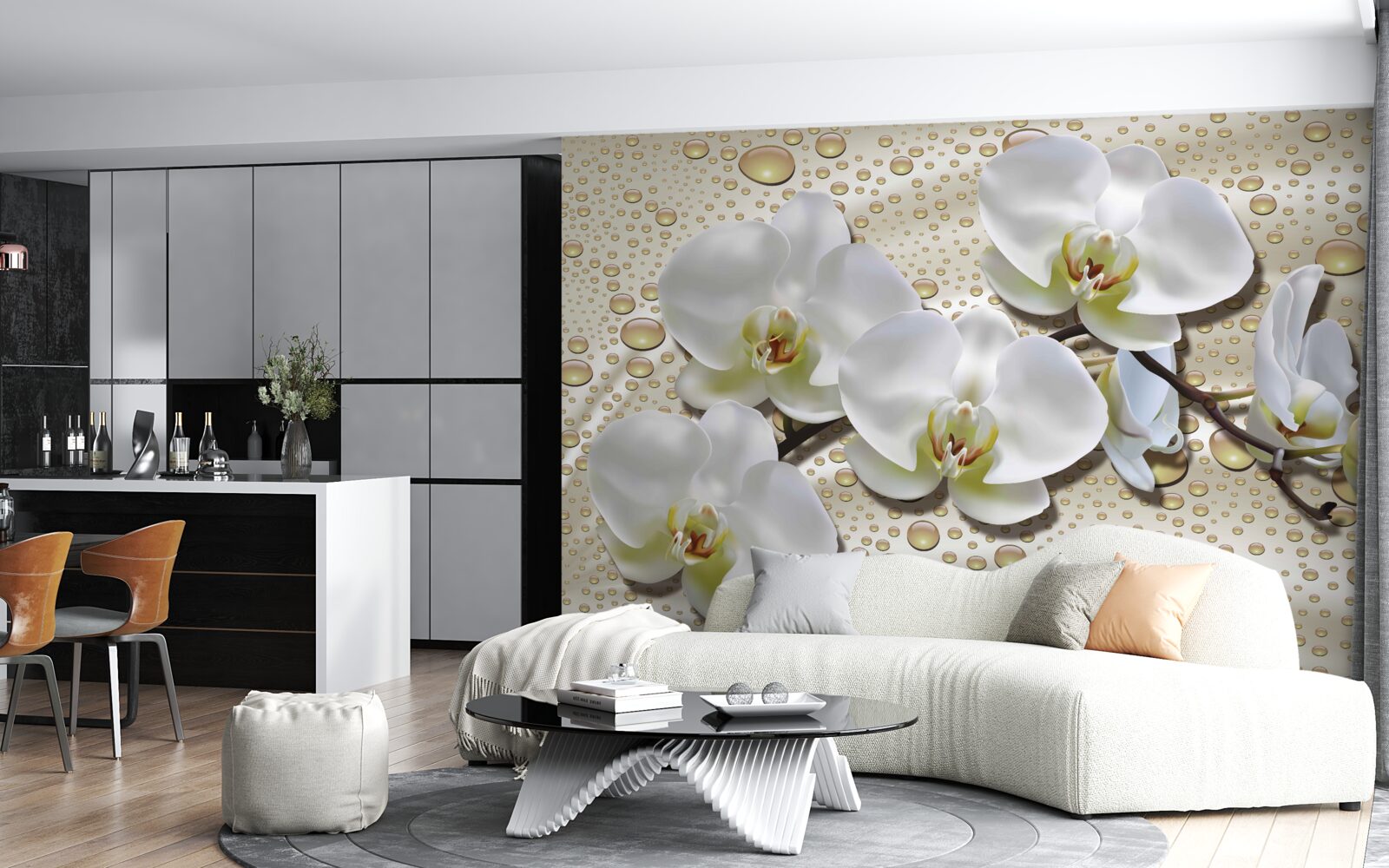 Papier peint branche d'orchidée blanche humidifiée par la pluie sur soie