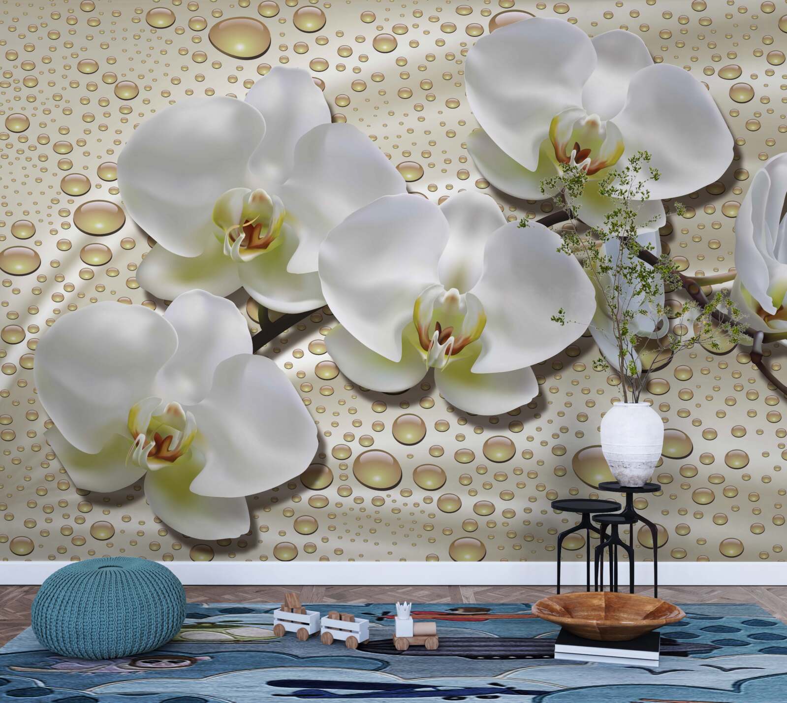 Papier peint branche d'orchidée blanche humidifiée par la pluie sur soie