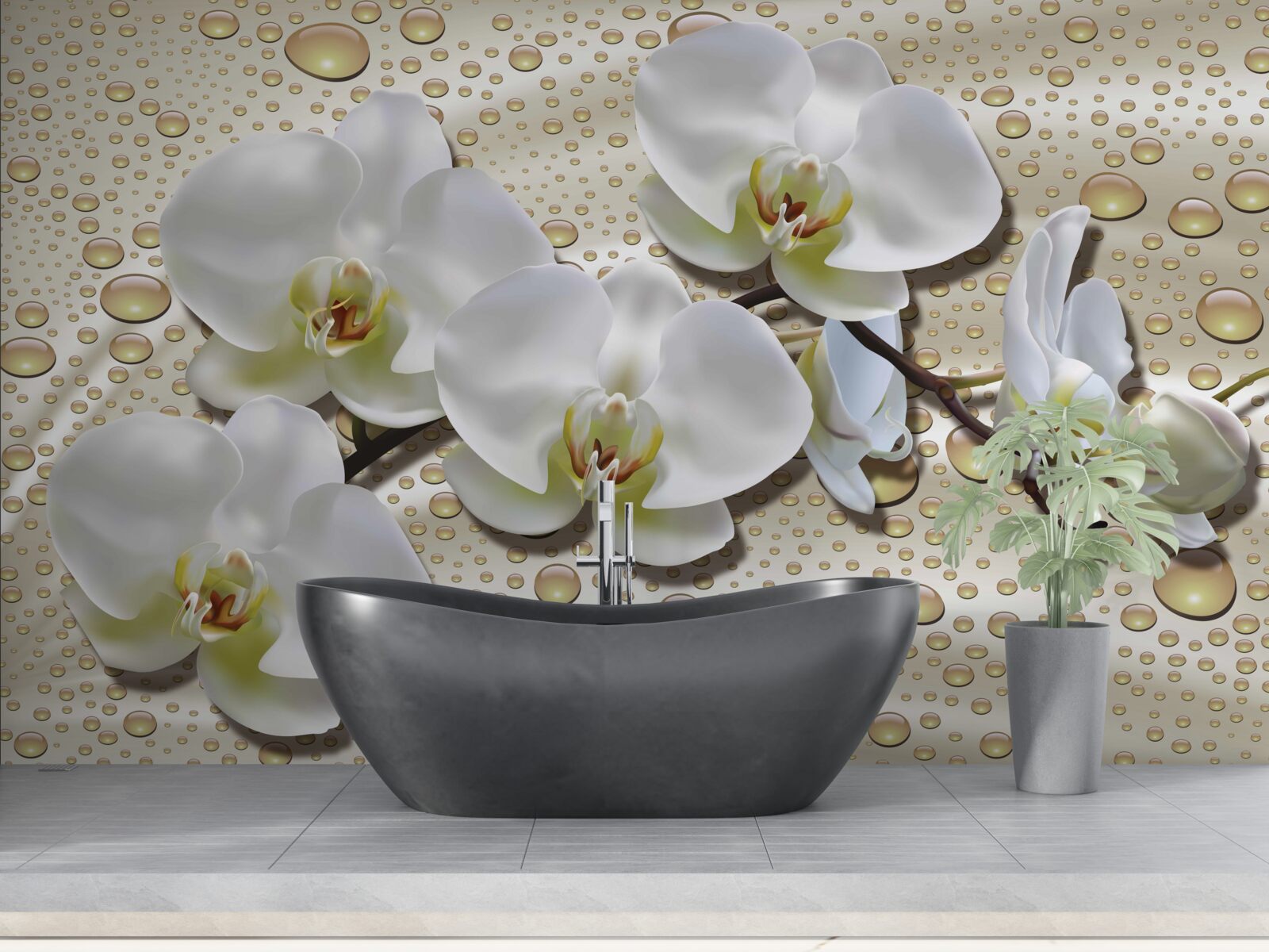 Papier peint branche d'orchidée blanche humidifiée par la pluie sur soie