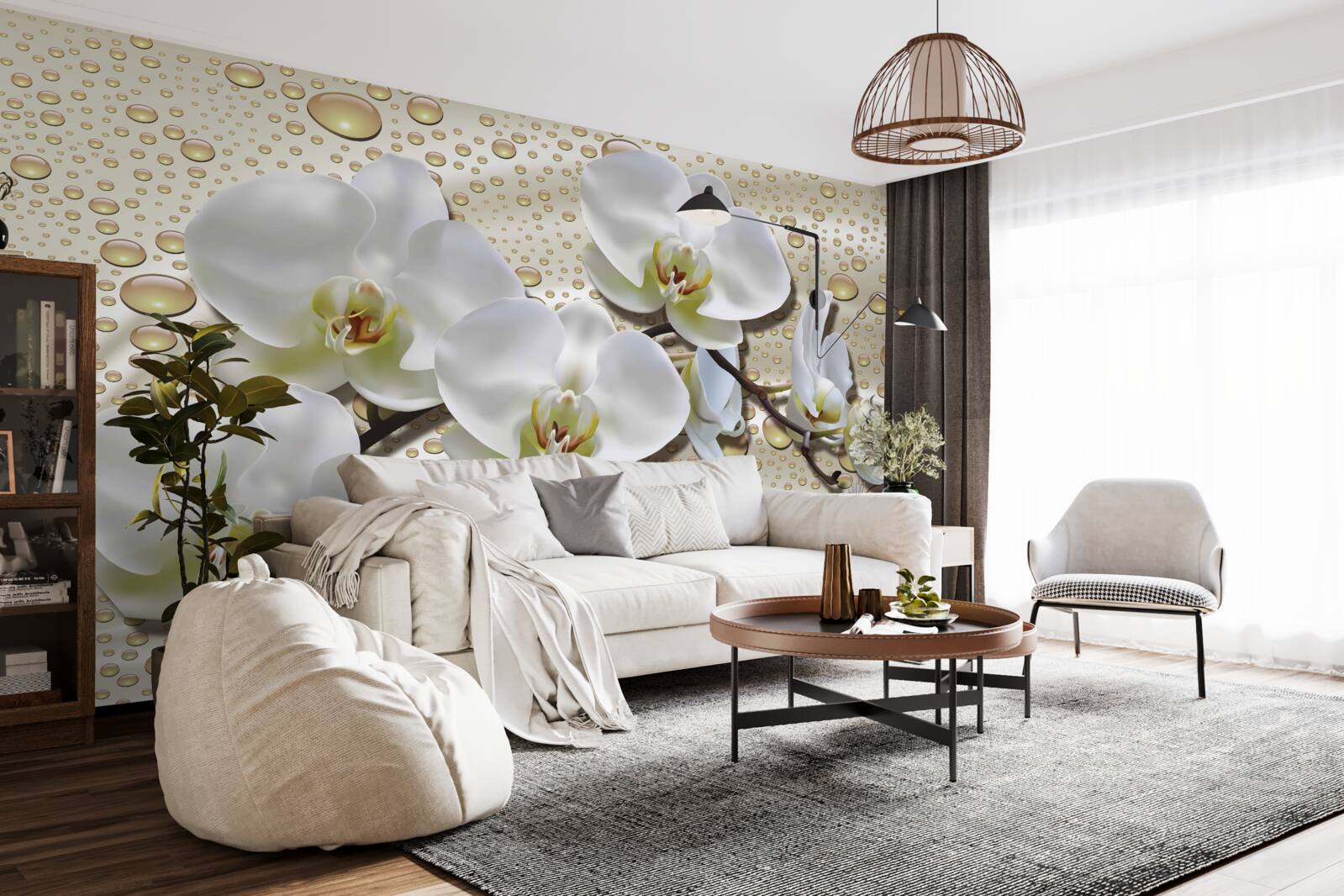 Papier peint branche d'orchidée blanche humidifiée par la pluie sur soie