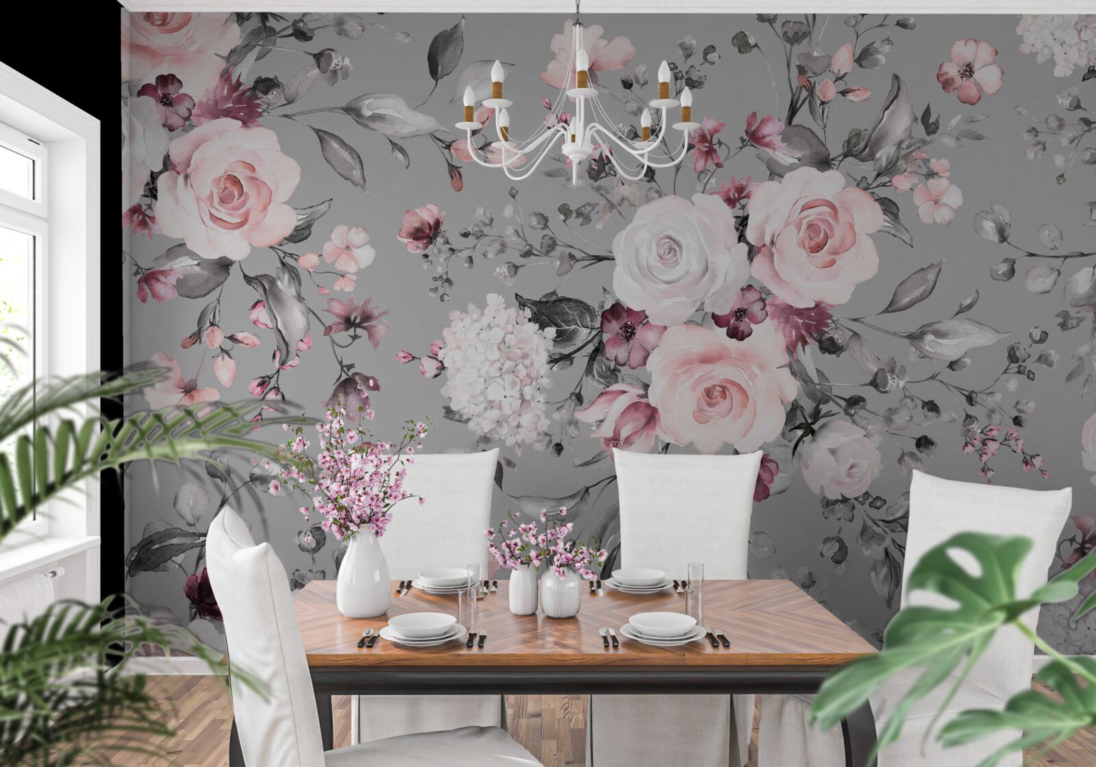 Papier peint roses lumineuses sur fond mat