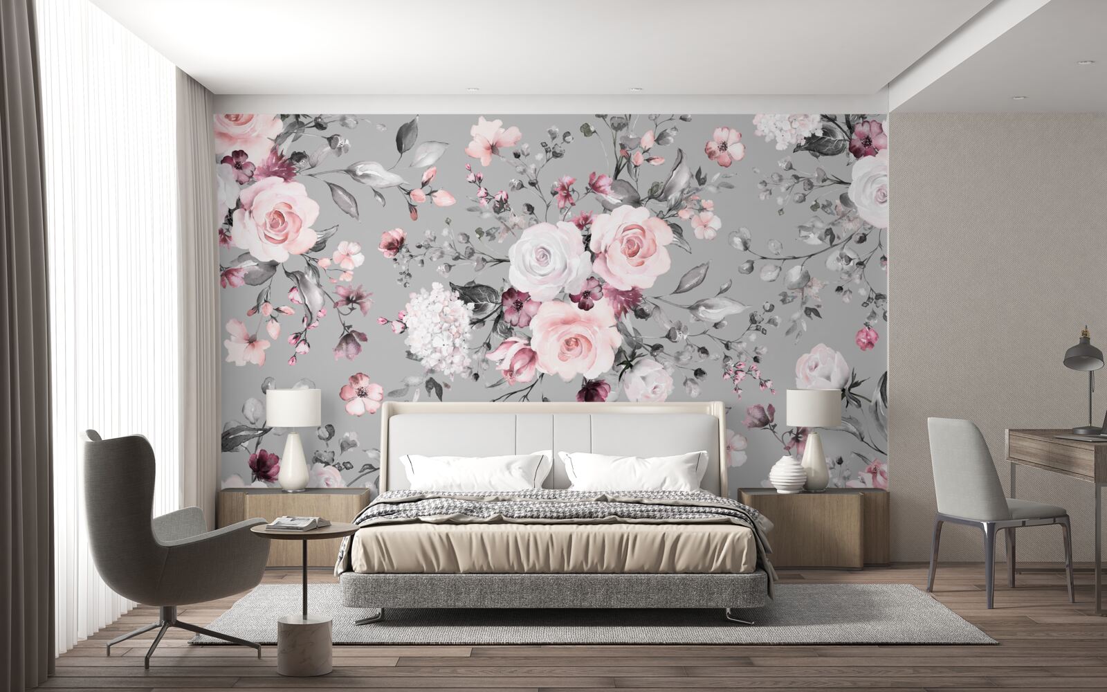 Papier peint roses lumineuses sur fond mat
