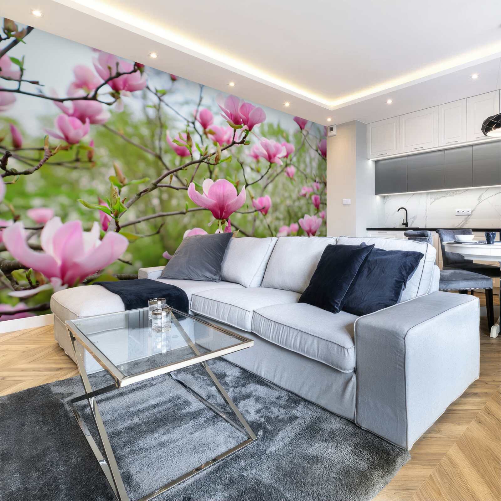 Papier peint jardin de magnolias avec des fleurs roses en été