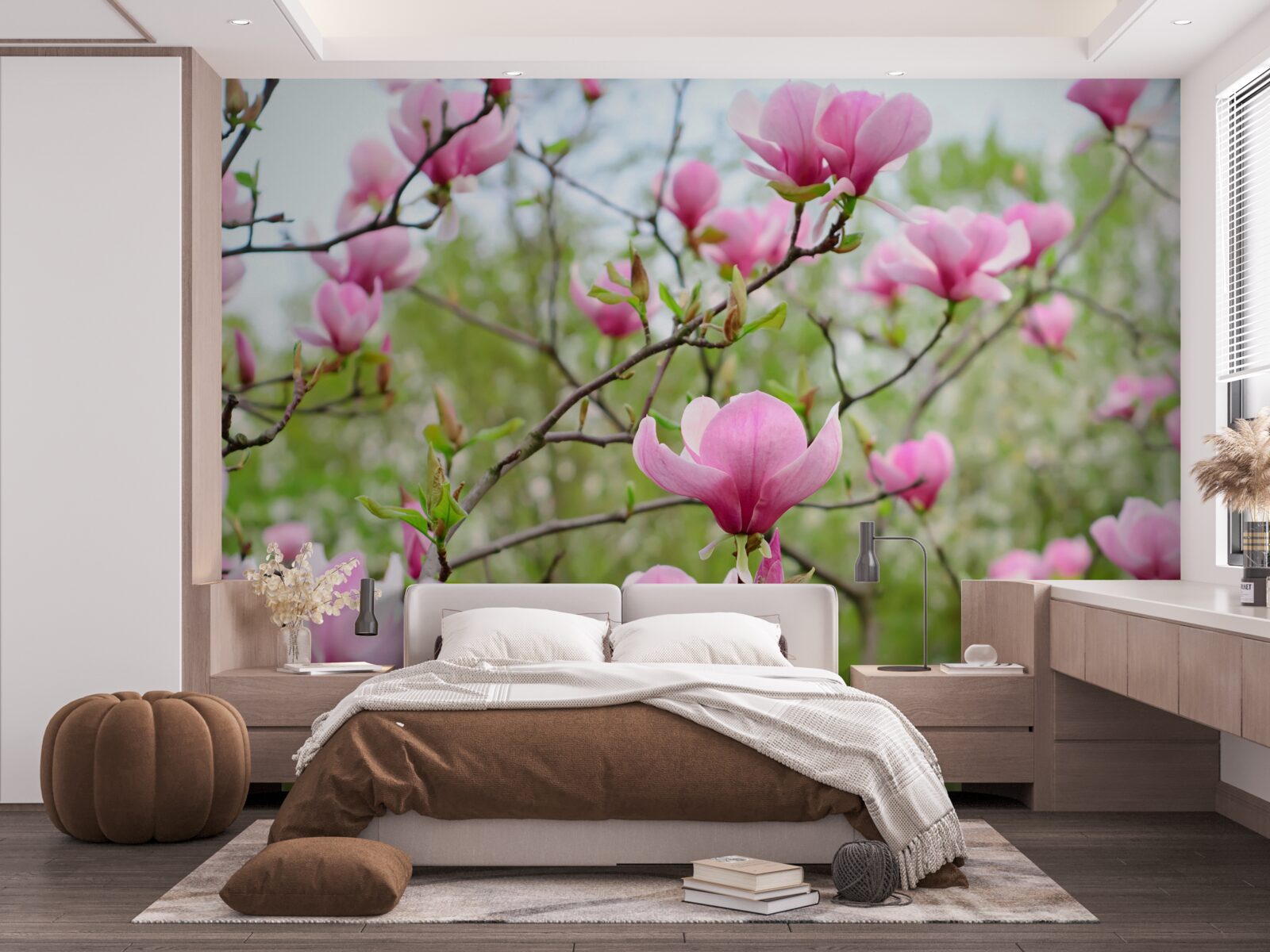 Papier peint jardin de magnolias avec des fleurs roses en été