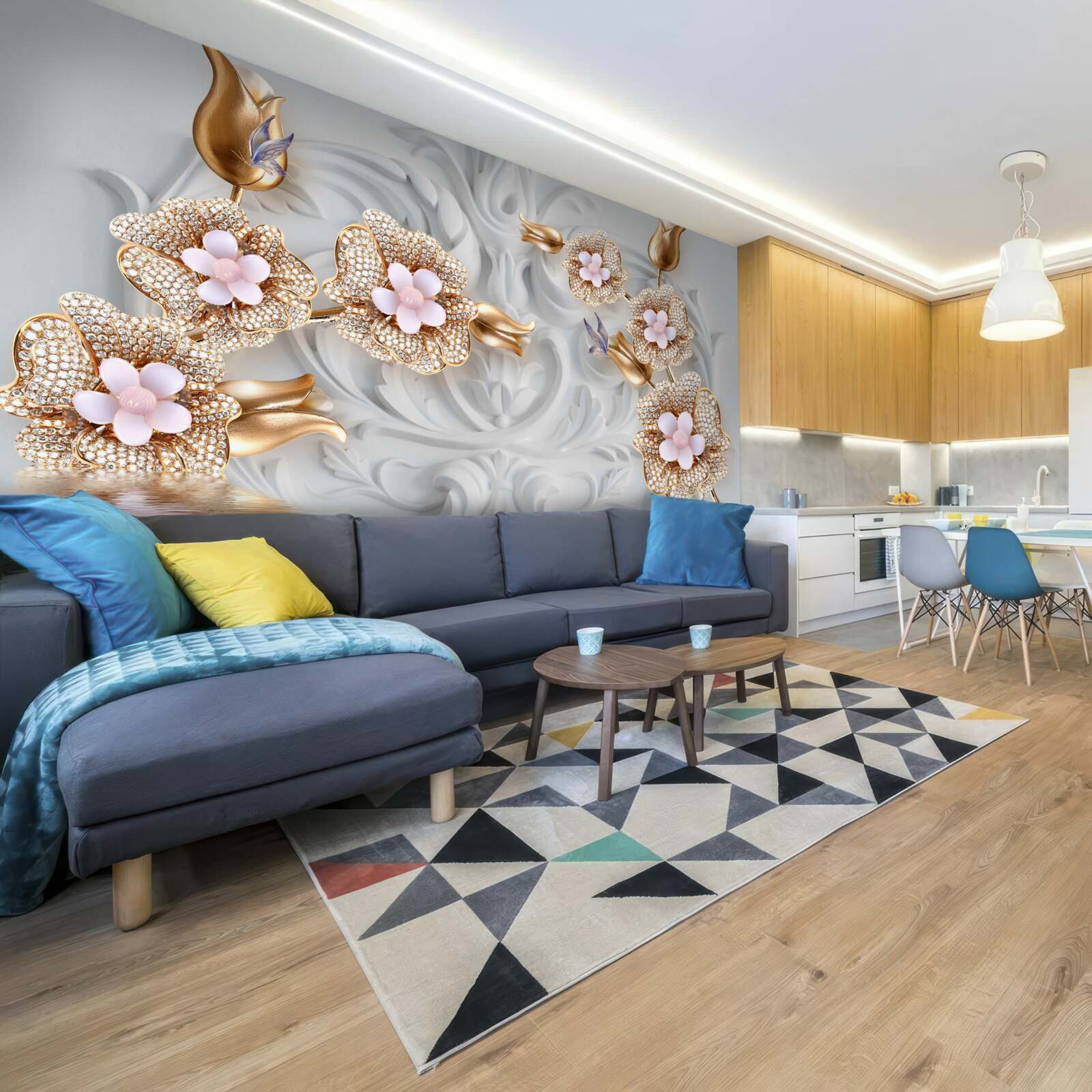 Papier peint fleurs blanches, finition en bronze et décorées de cristaux