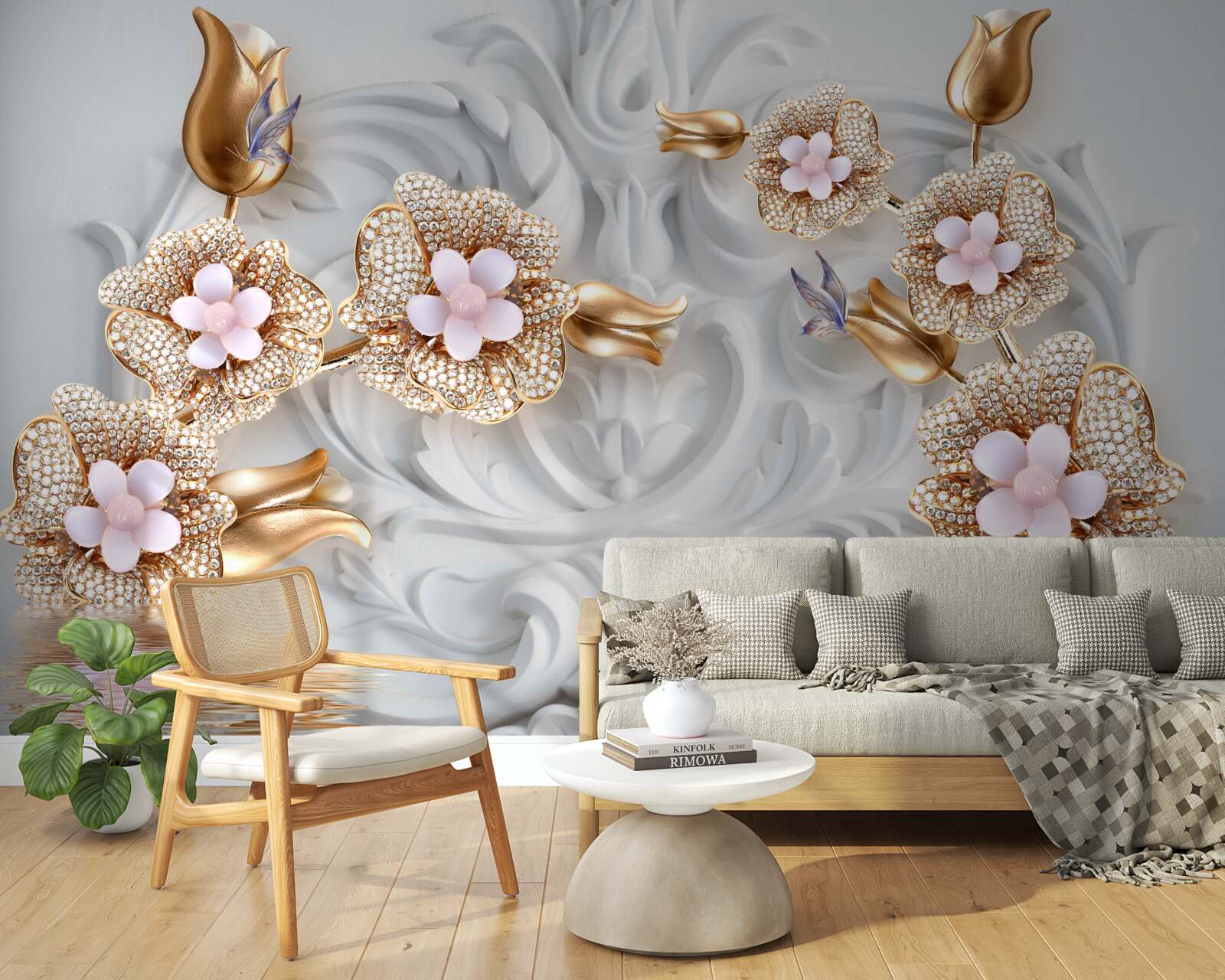 Papier peint fleurs blanches, finition en bronze et décorées de cristaux