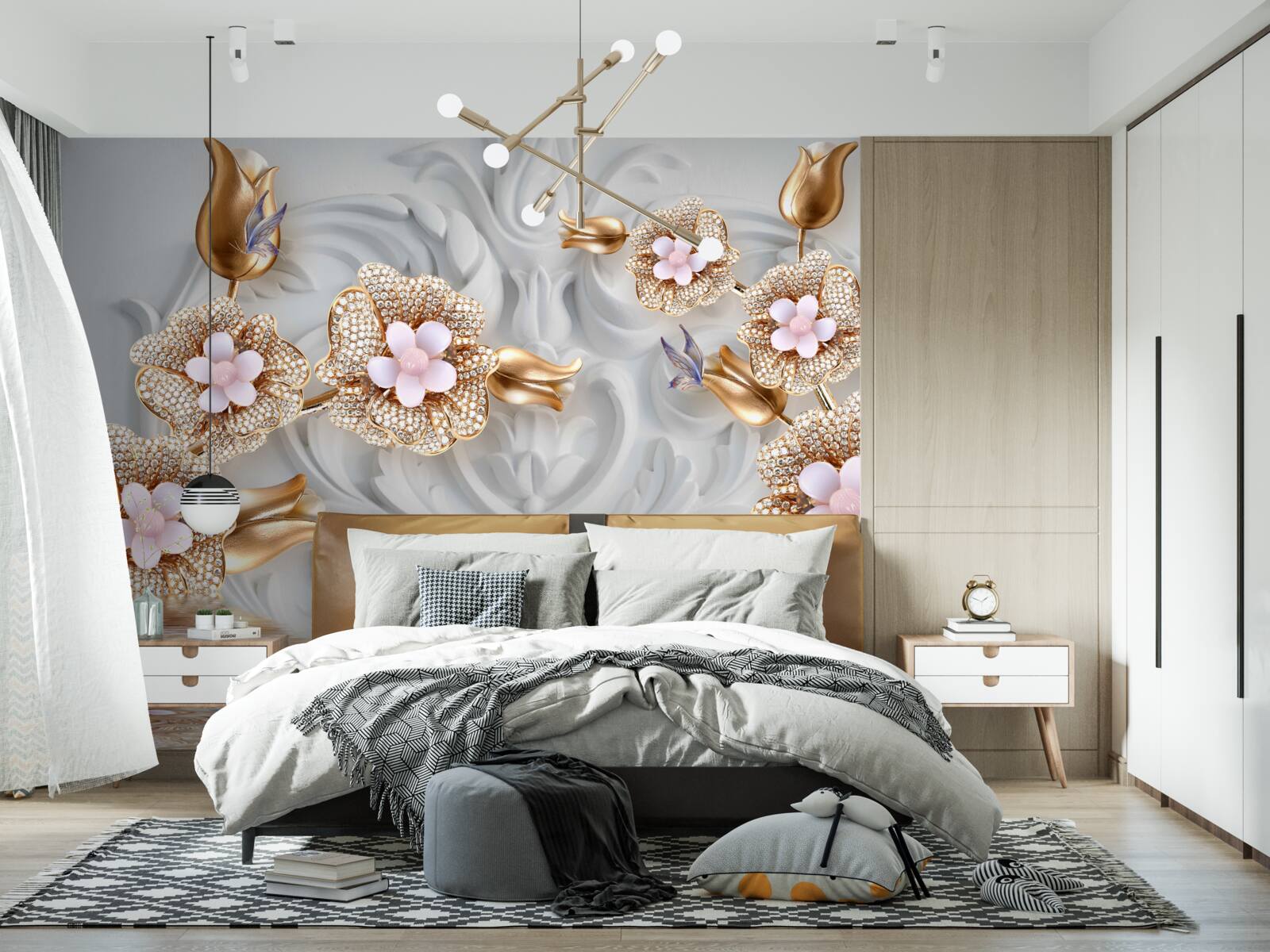 Papier peint fleurs blanches, finition en bronze et décorées de cristaux