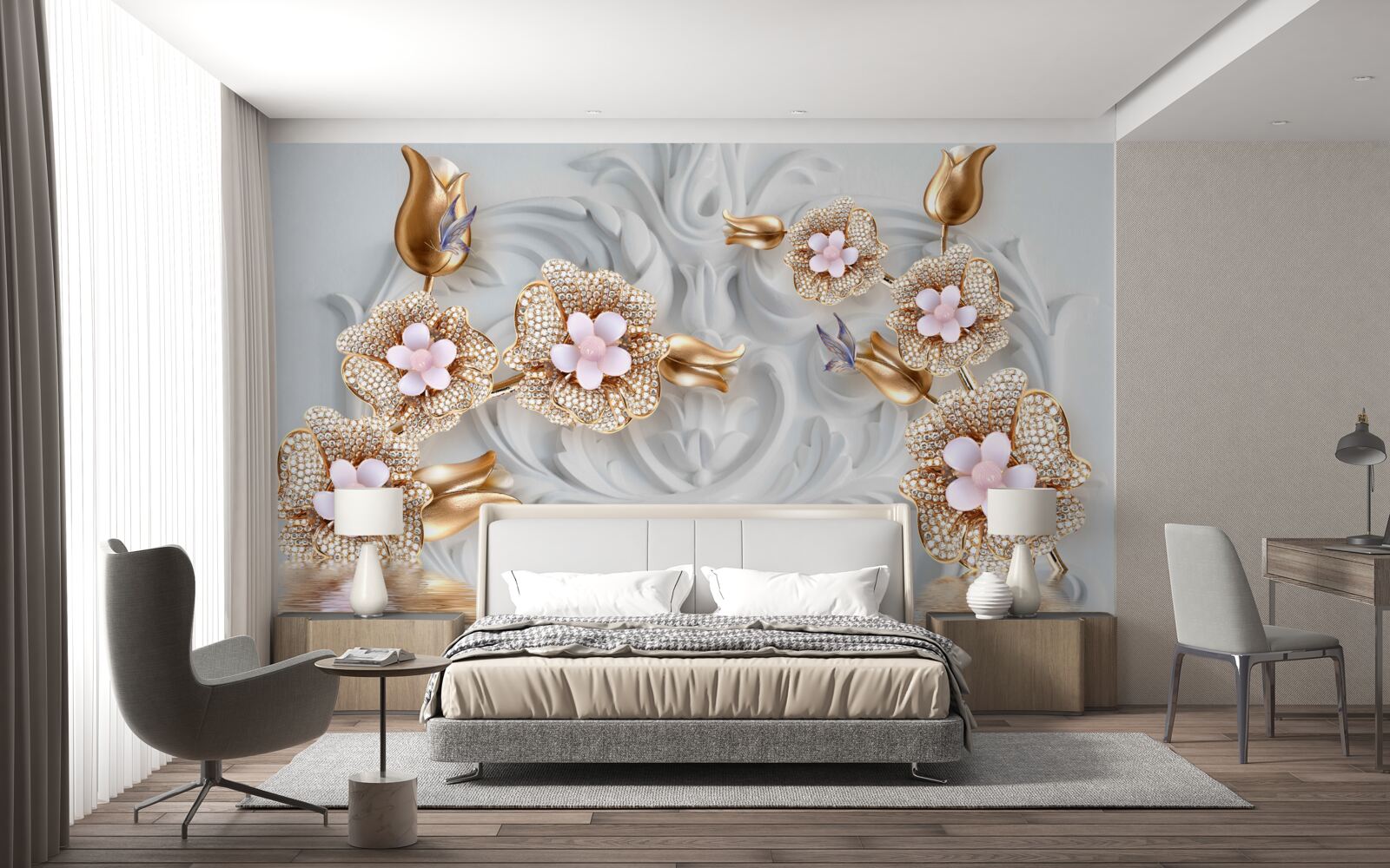 Papier peint fleurs blanches, finition en bronze et décorées de cristaux