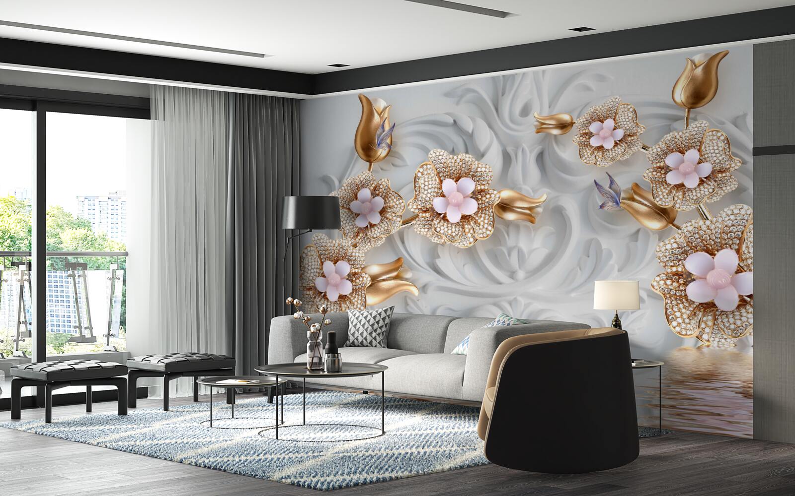 Papier peint fleurs blanches, finition en bronze et décorées de cristaux