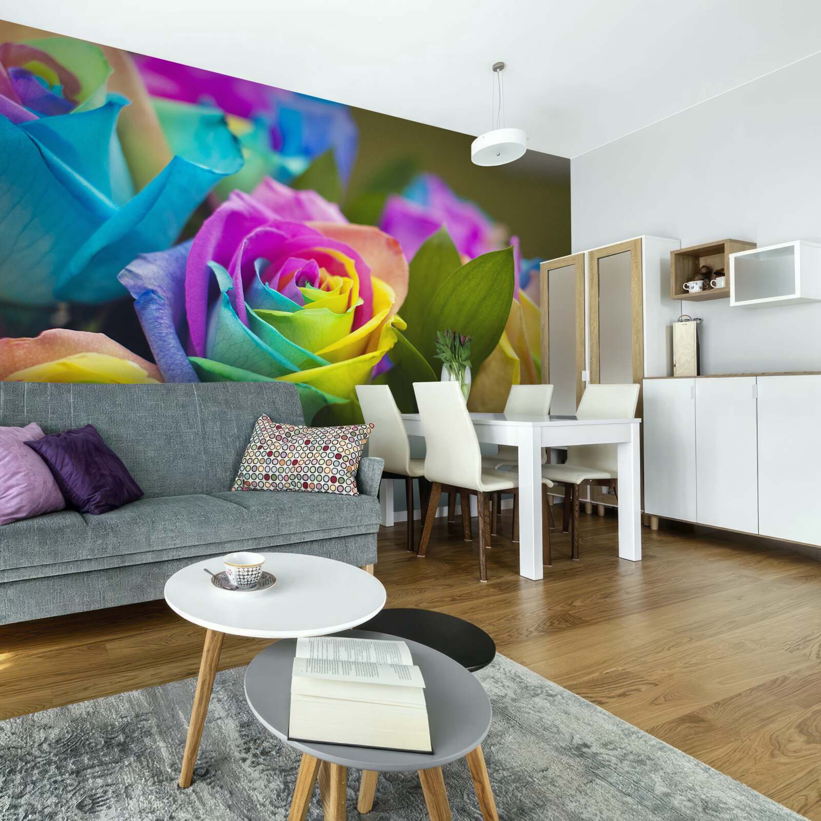 Papier peint Le bouquet comprend une magnifique rose arc-en-ciel