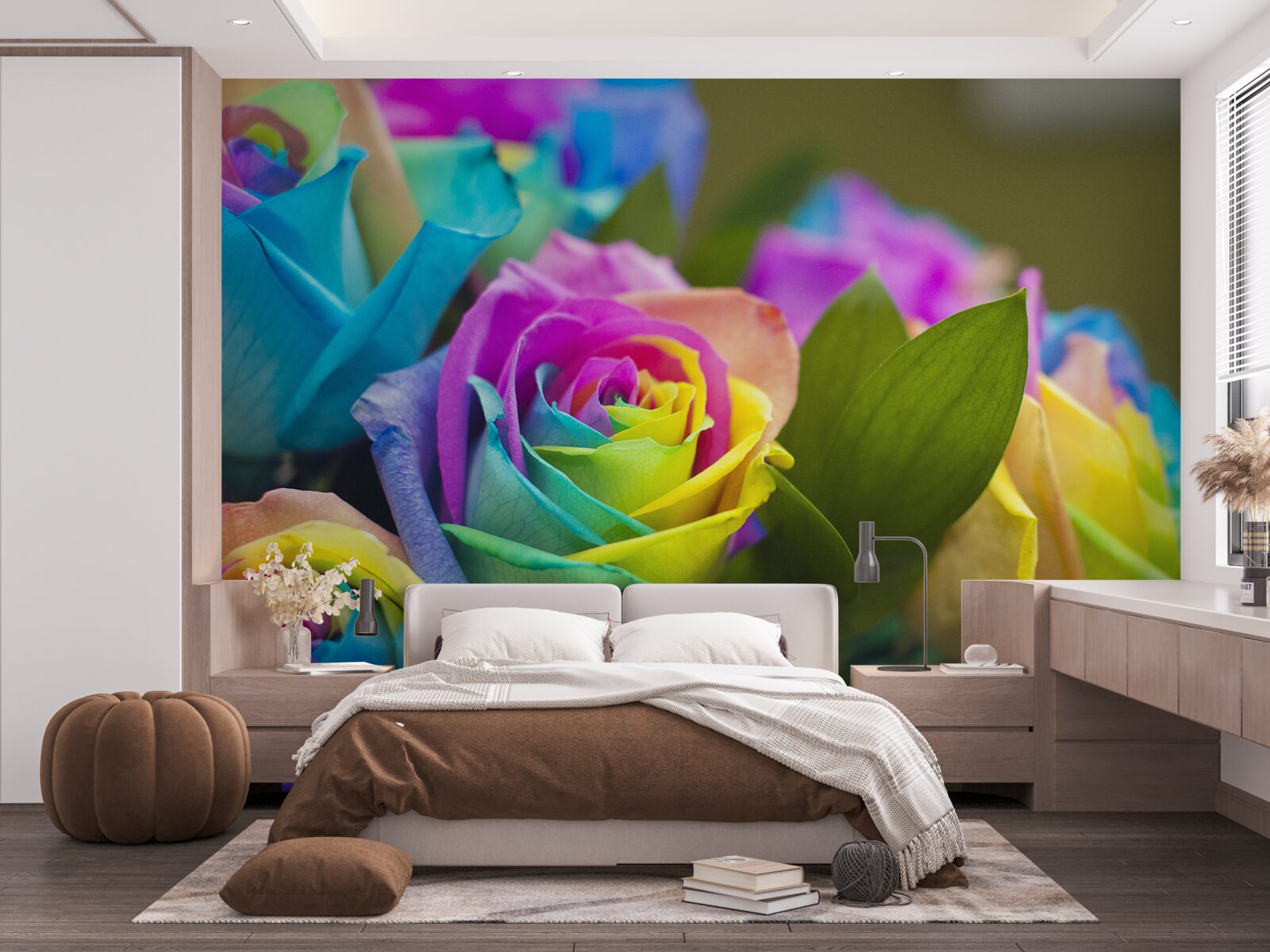 Papier peint Le bouquet comprend une magnifique rose arc-en-ciel