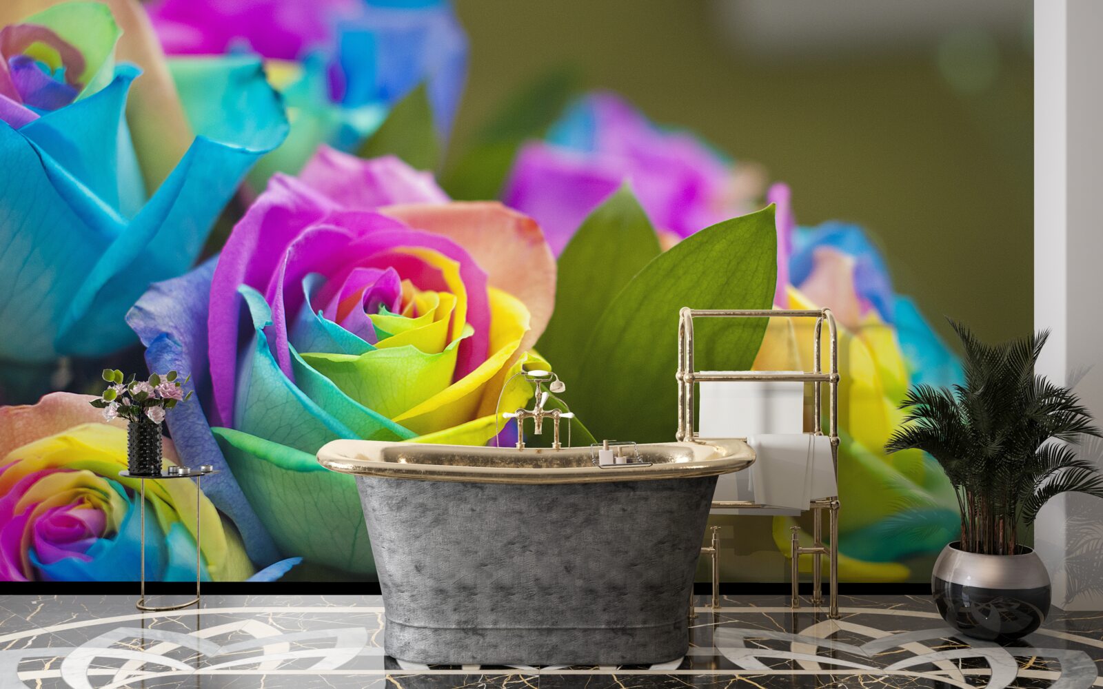 Papier peint Le bouquet comprend une magnifique rose arc-en-ciel