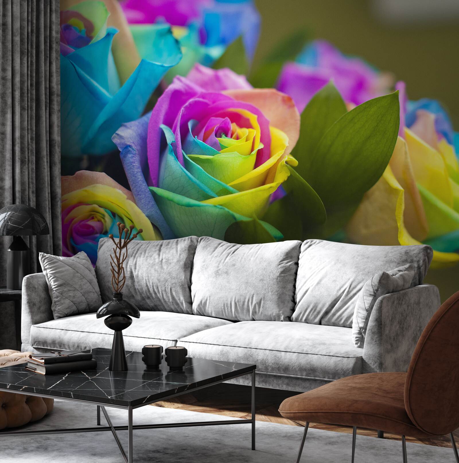 Papier peint Le bouquet comprend une magnifique rose arc-en-ciel