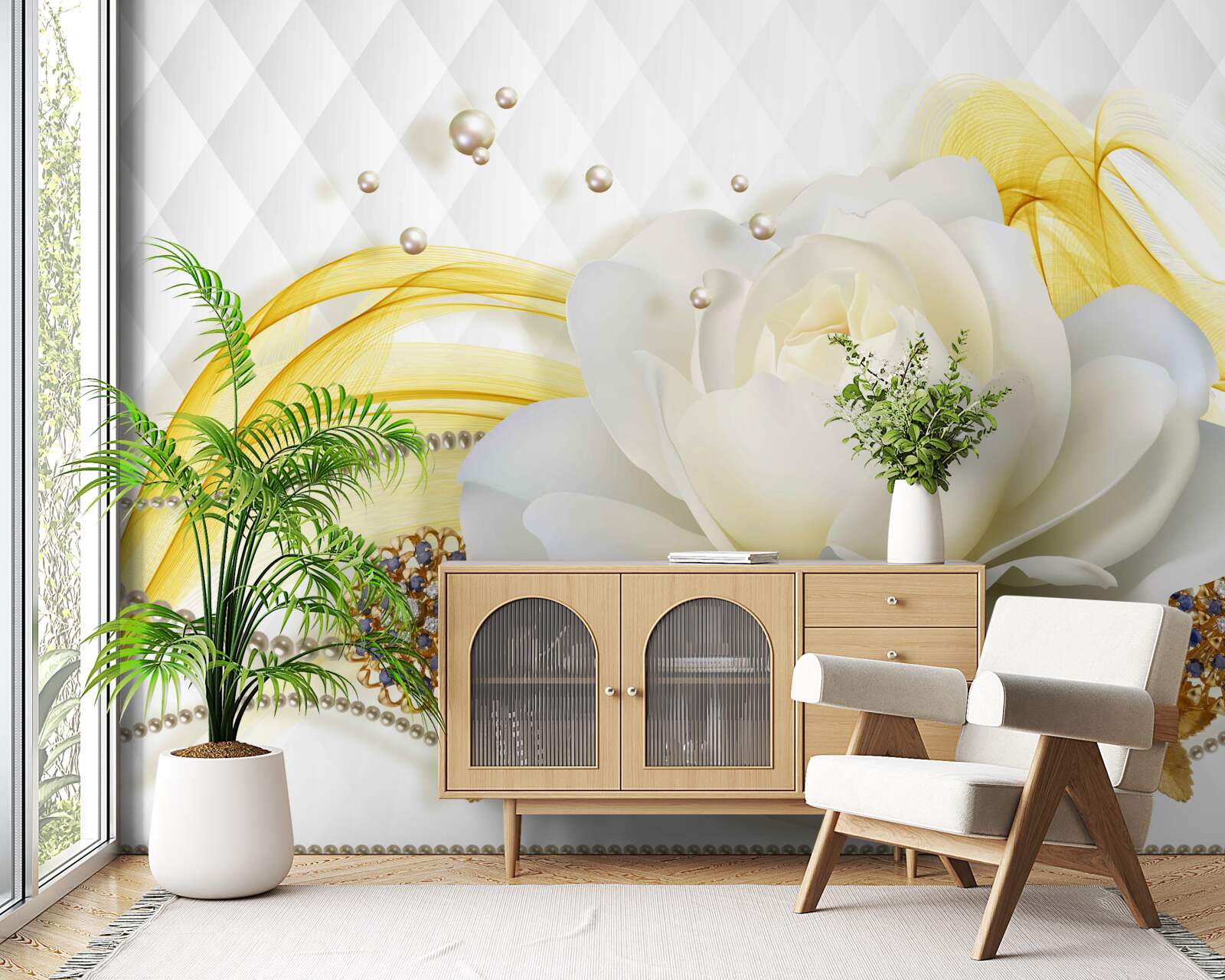 Papier peint broches en rose d'albâtre et incrustées de pierres