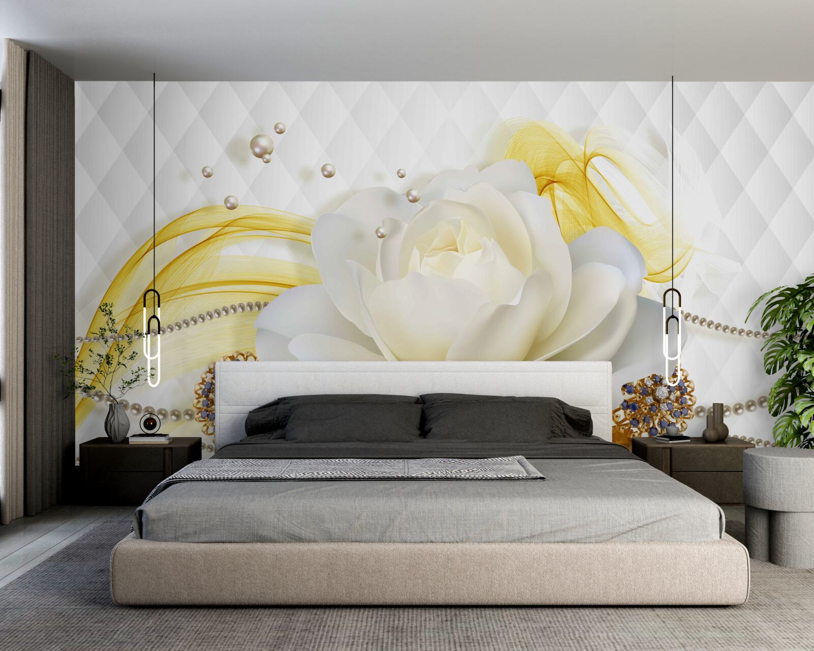 Papier peint broches en rose d'albâtre et incrustées de pierres