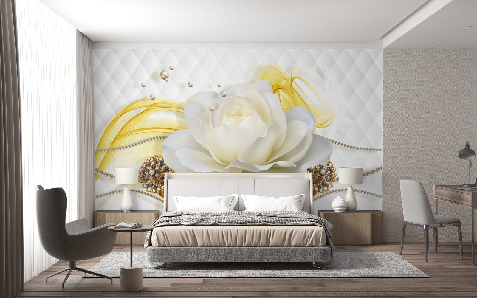 Papier peint broches en rose d'albâtre et incrustées de pierres