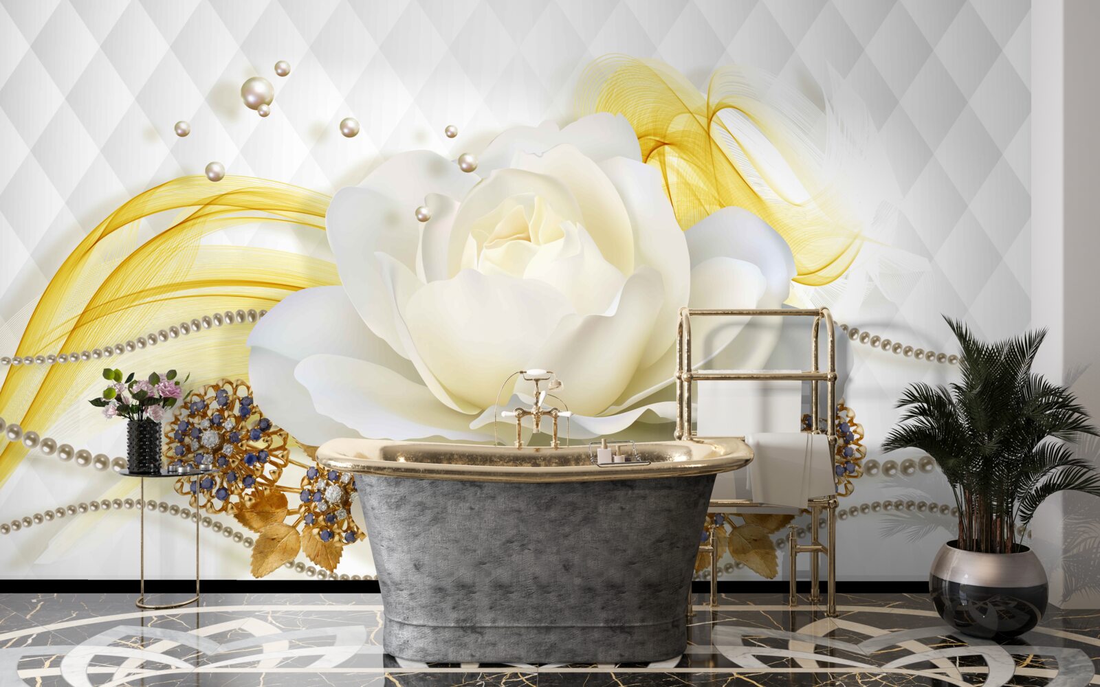 Papier peint broches en rose d'albâtre et incrustées de pierres