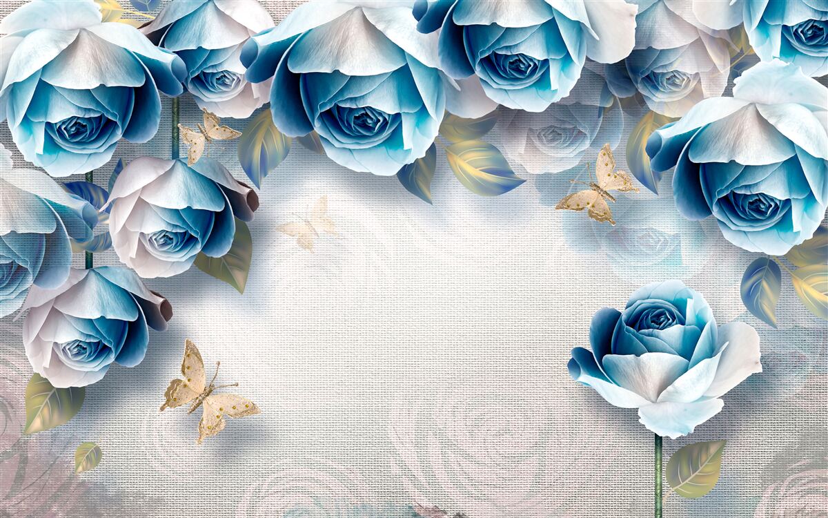 Papier peint papillons et roses bleues