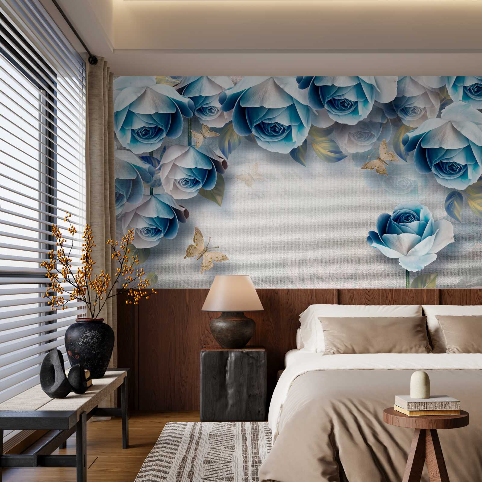 Papier peint papillons et roses bleues